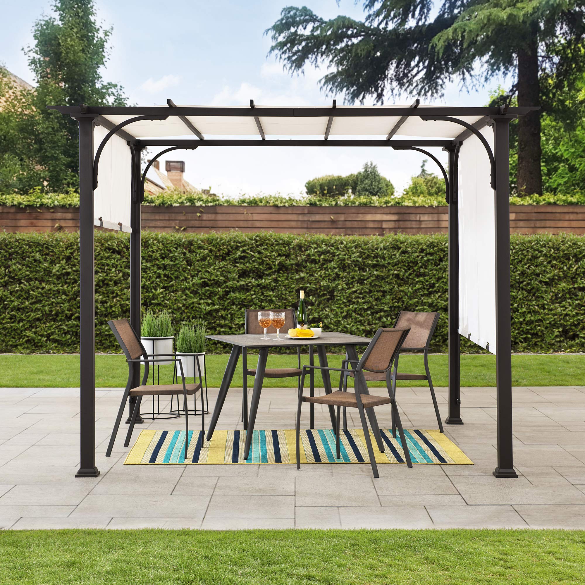 Sunjoy 10 x 10 ft. Pergola, Outdoor Patio Brown Steel Classic Frame Pergola with Retractable White Canopy Shade for Backyard, Ga