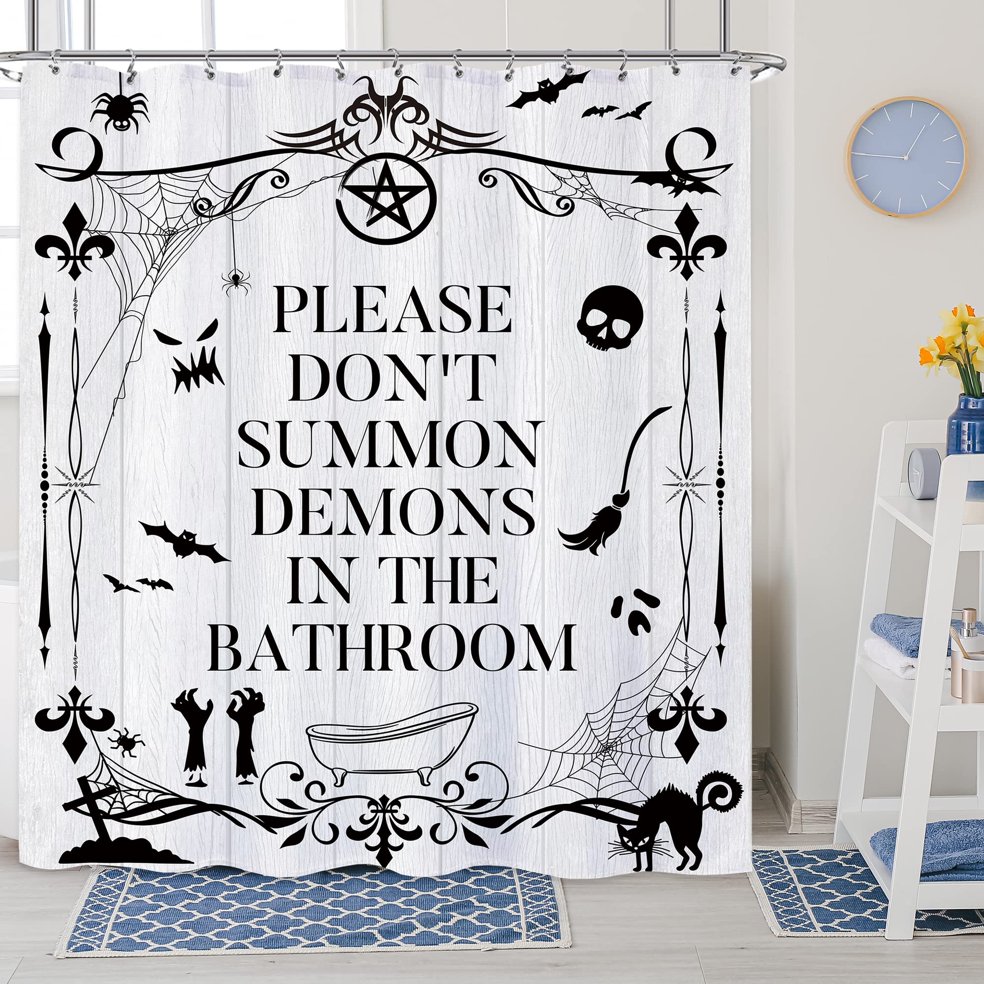 Laifzere Funny Toilet Rules Shower Curtain Gothic Halloween Goth Witchy Shower Curtain For Bathroom Skull Skeleton Farmhouse Bat