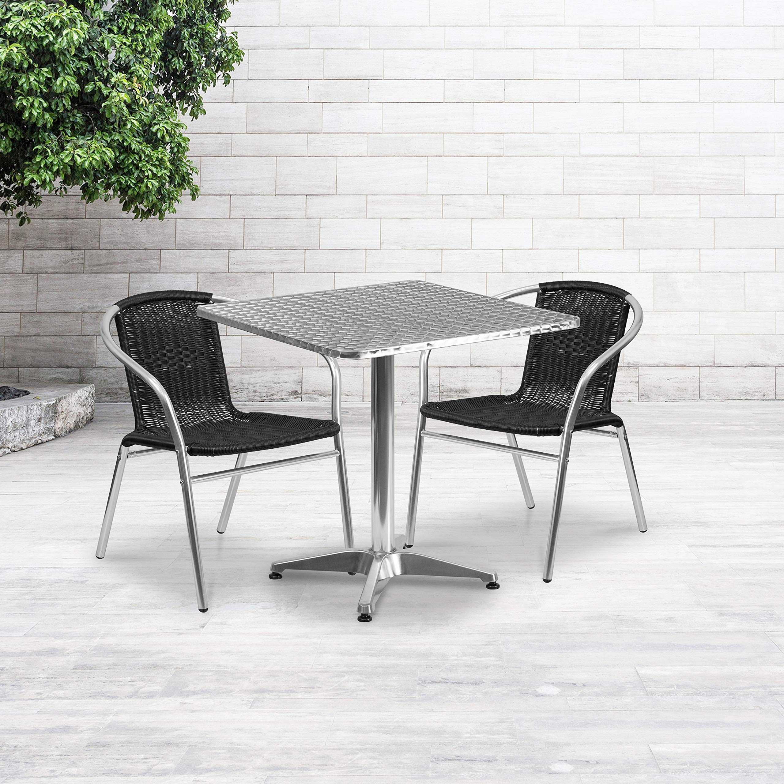 Flash Furniture 27.5'' Square Aluminum Indoor-Outdoor Table Set With 2 Black Rattan Chairs