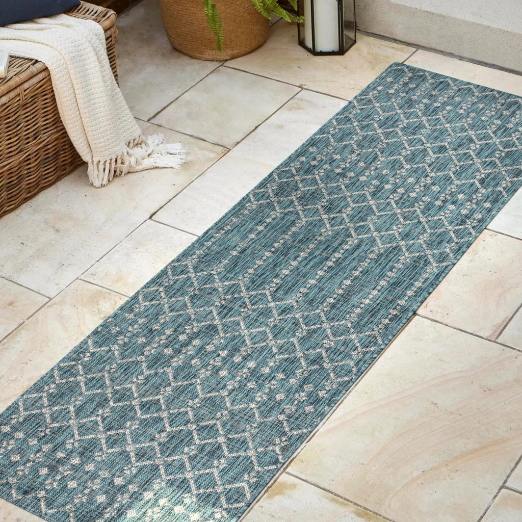 Jonathan Y Smb108C-28 Ourika Moroccan Geometric Textured Weave Indoor Outdoor Area Rug, Bohemian, Rustic, Scandinavian Easy Cleaning,Bedroom,Kitchen,Backyard,Patio,Non Shedding, Teal/Gray, 2 X 8