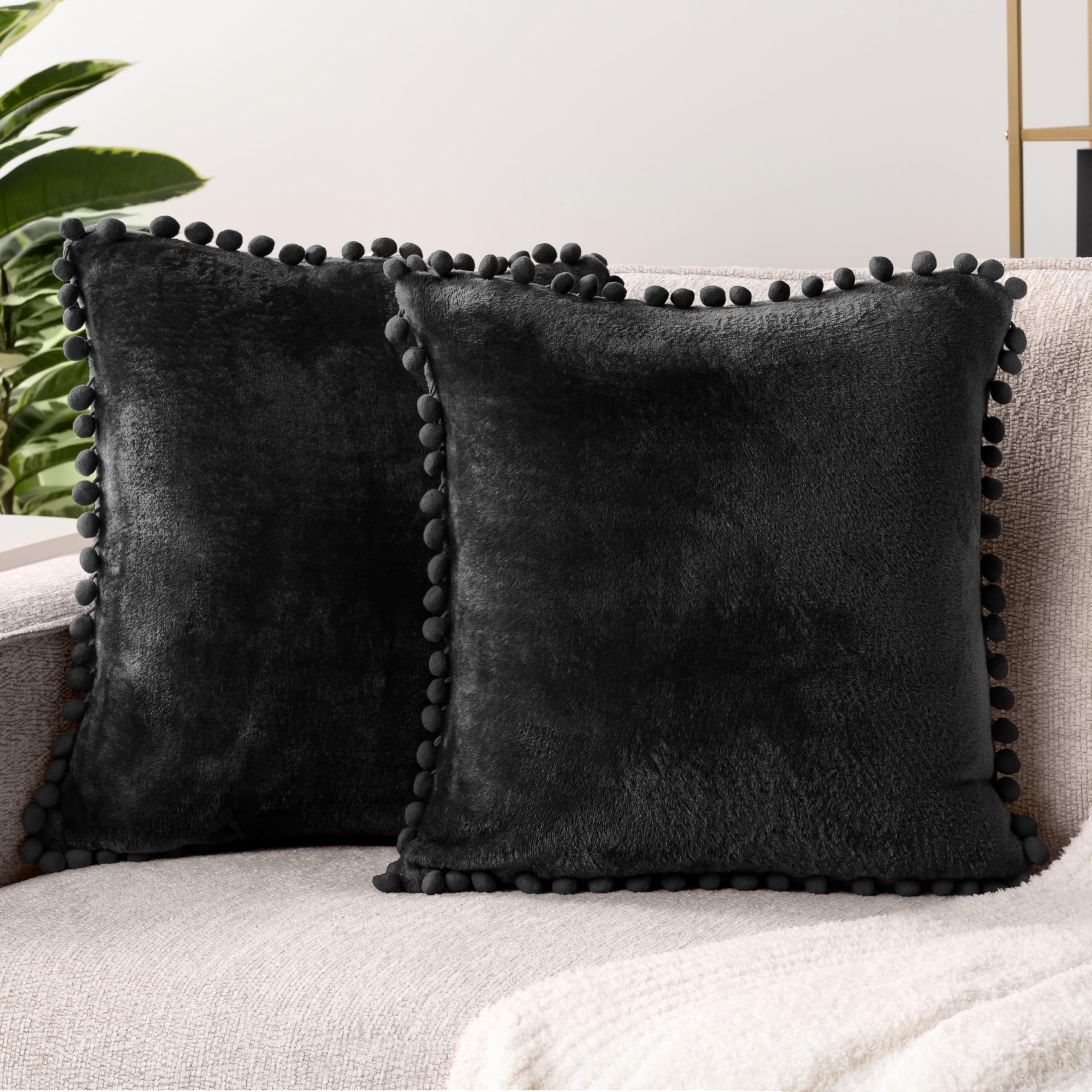 Pavilia Black Throw Pillow Covers With Pom Pom 18X18 Set Of 2, Decorative Pillow Cases For Bedroom Aesthetic, Small Throw Pillow