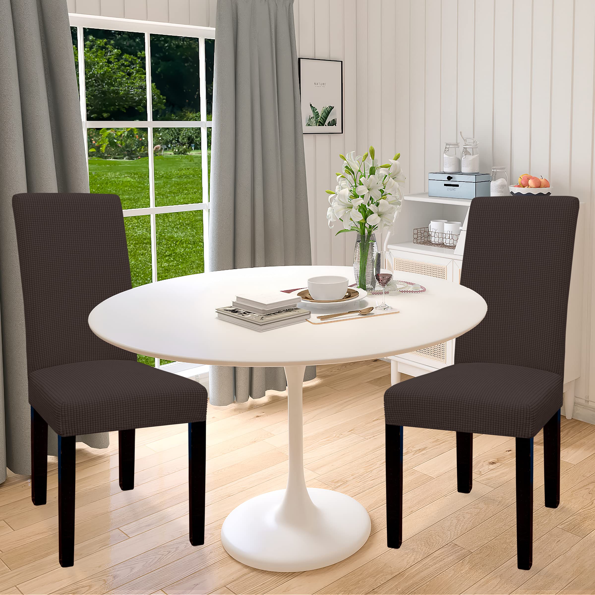Easy-Going 100% Waterproof Dining Room Chair Cover Set Of 2, Stretch Jacquard Parson Chair Slipcover Removable Washable Chair Protector For Home, Restaurant, Banquet (Large, Chocolate)