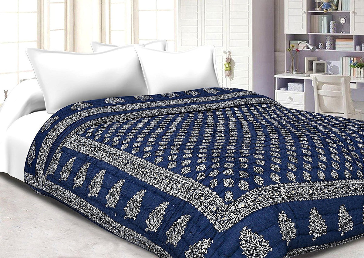 SAMRADHI Rajasthani Traditional Famous Jaipuri Beautiful Floral Print in White and Blue Jaipuri Rajai/Razai/Quilt/Comforter/AC Q