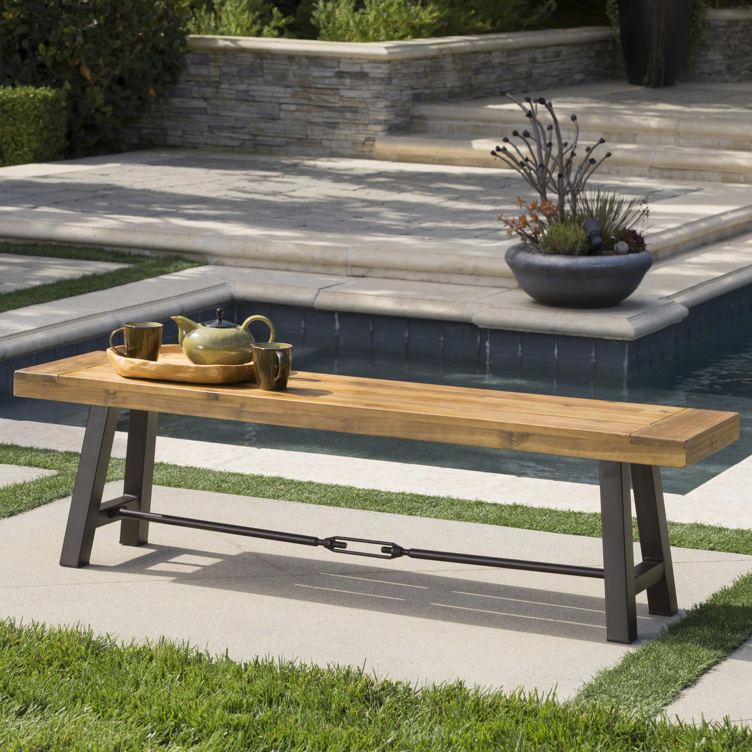 Christopher Knight Home Catriona Outdoor Acacia Wood Bench With Metal Accents, Teak Finish / Rustic Metal 14. 50 X 63 X 17. 75 Inches
