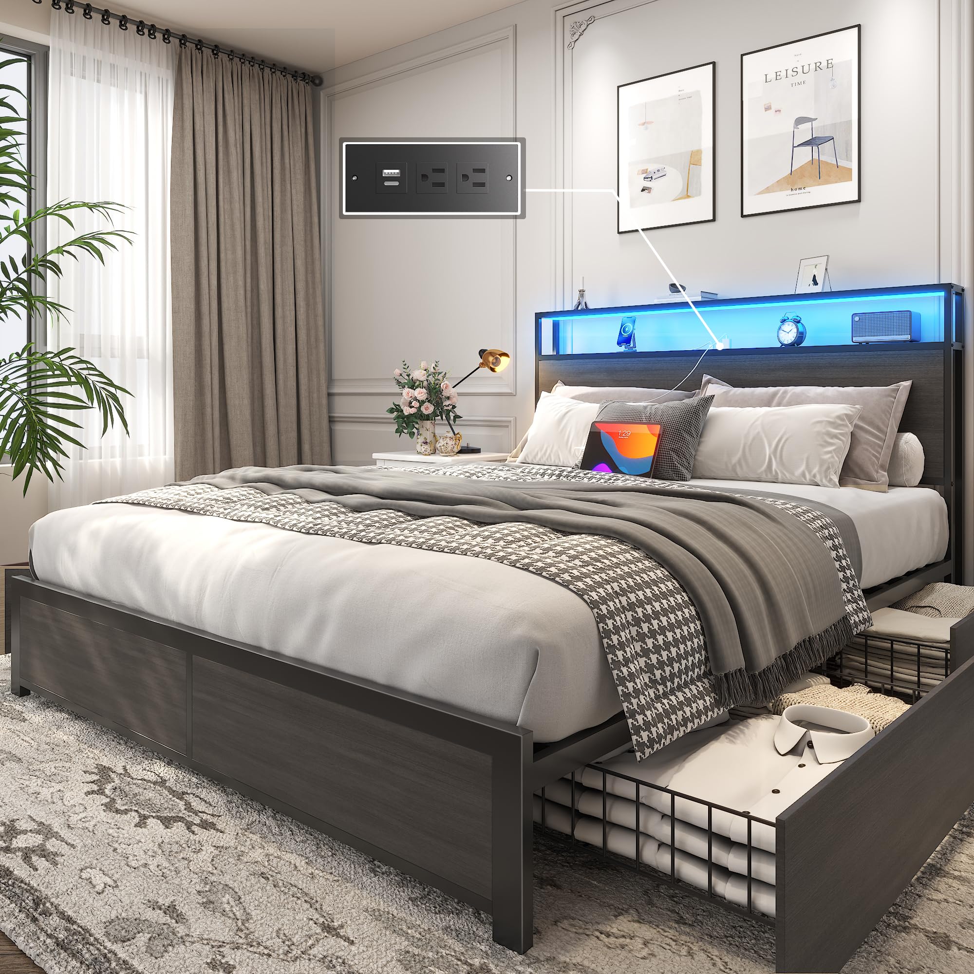 Lifezone Queen Bed Frame With 2-Tier Storage Headboard, Metal Platform Bed Frame With 4 Storage Drawers, Built In Charging Stati