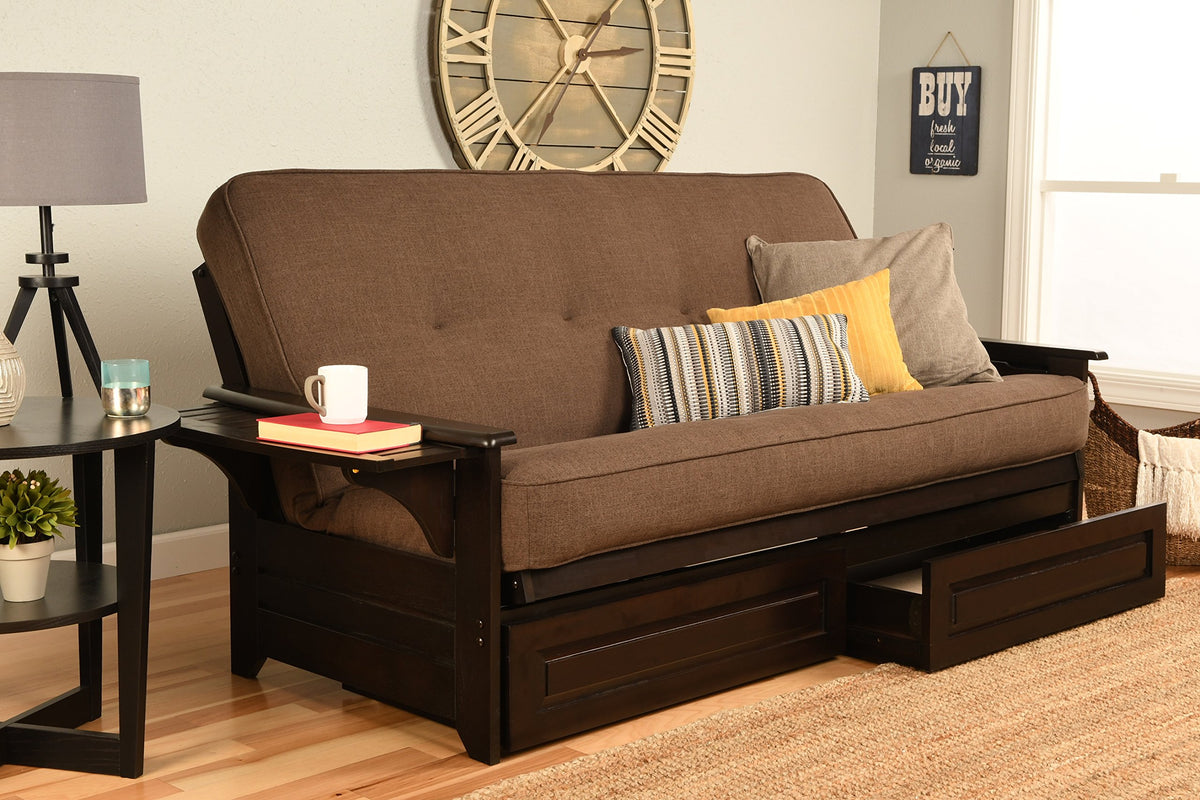 Kodiak Furniture Phoenix Full Size Futon in Espresso Finish with Storage Drawers, Linen Cocoa