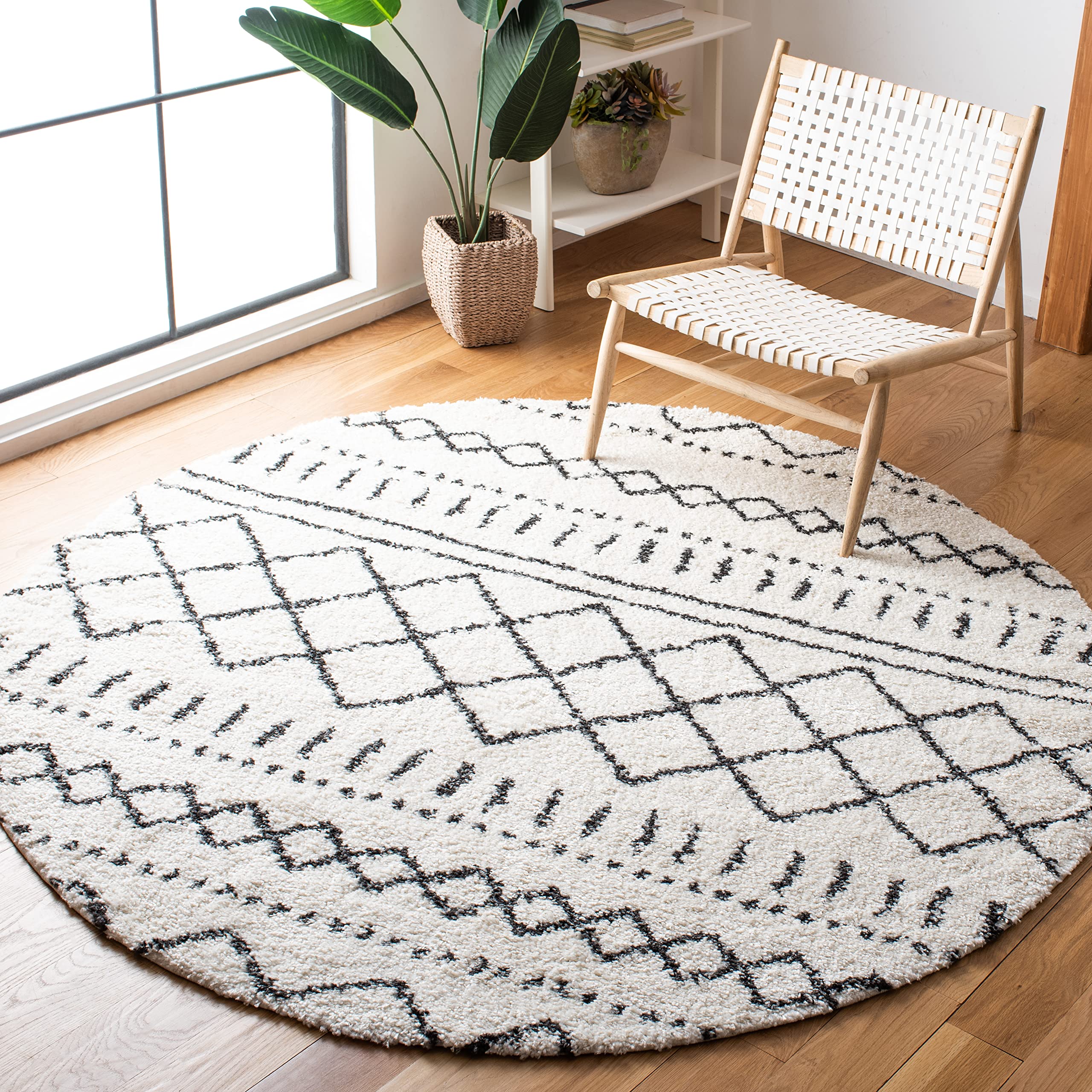 Safavieh Arizona Shag Collection 67 Round Ivory/Black ASG741Z Moroccan Non-Shedding Entryway Foyer Living Room Bedroom Kitchen 