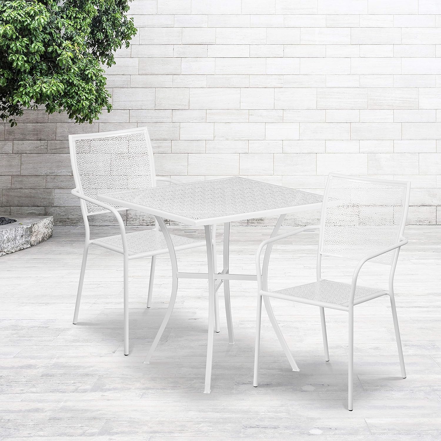 Commercial Grade 28 Square White Indoor-Outdoor Steel Patio Table Set with 2 Square Back Chairs