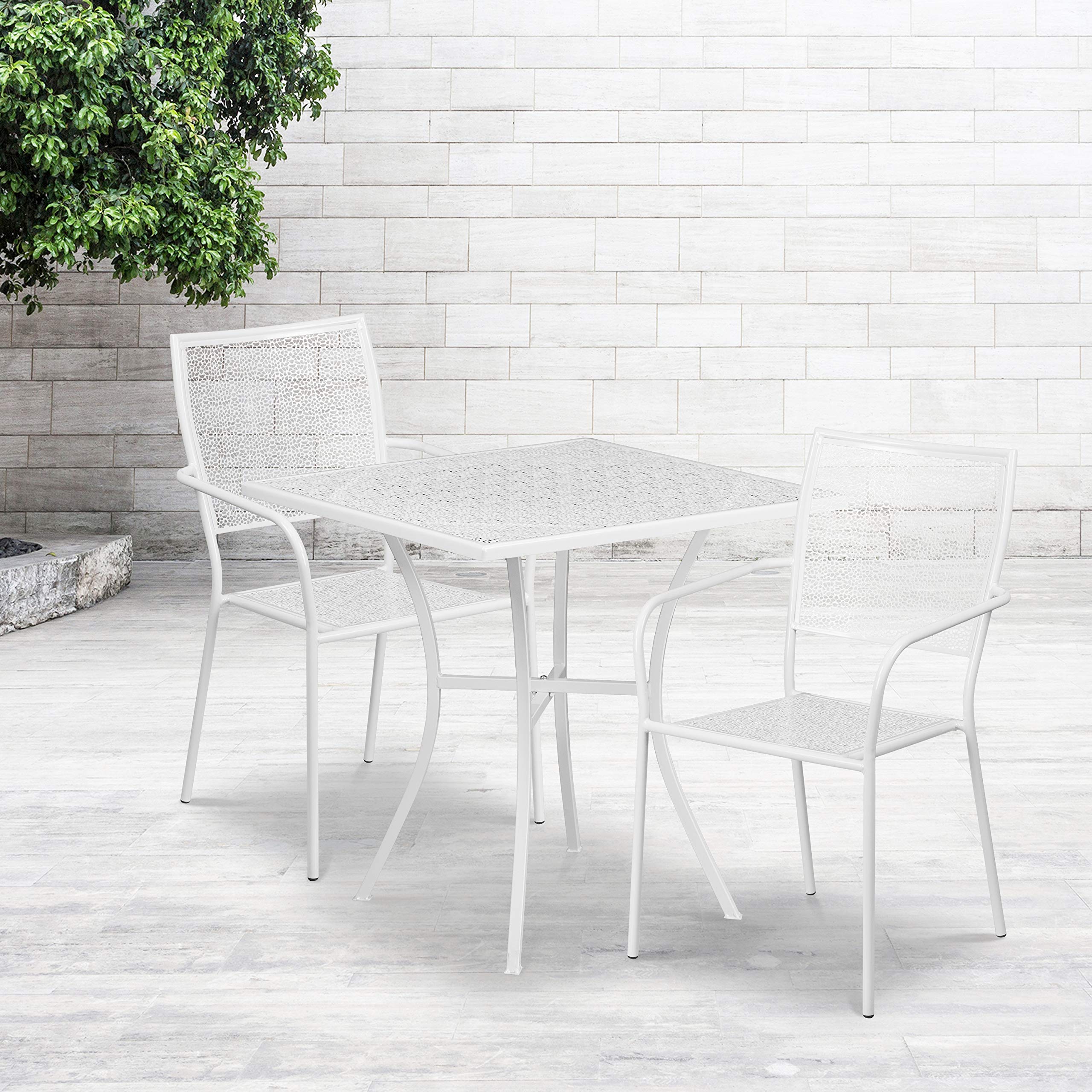 Flash Furniture Commercial Grade 28' Square White Indoor-Outdoor Steel Patio Table Set With 2 Square Back Chairs