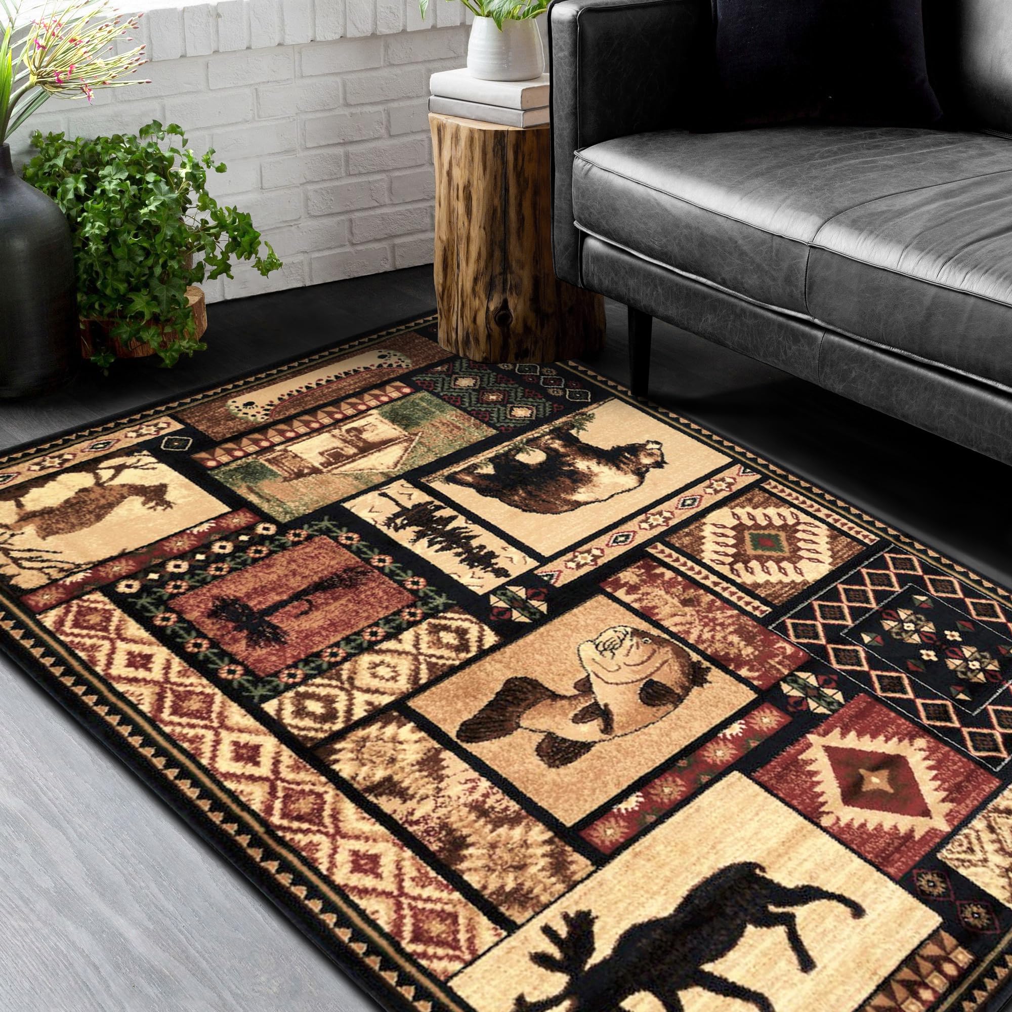 HR Cabin Collection 906-Nature and Animals large Area Rug Contemporary Geometric Design Fish/Moose/Bear/Lodge-Southwestern Desig
