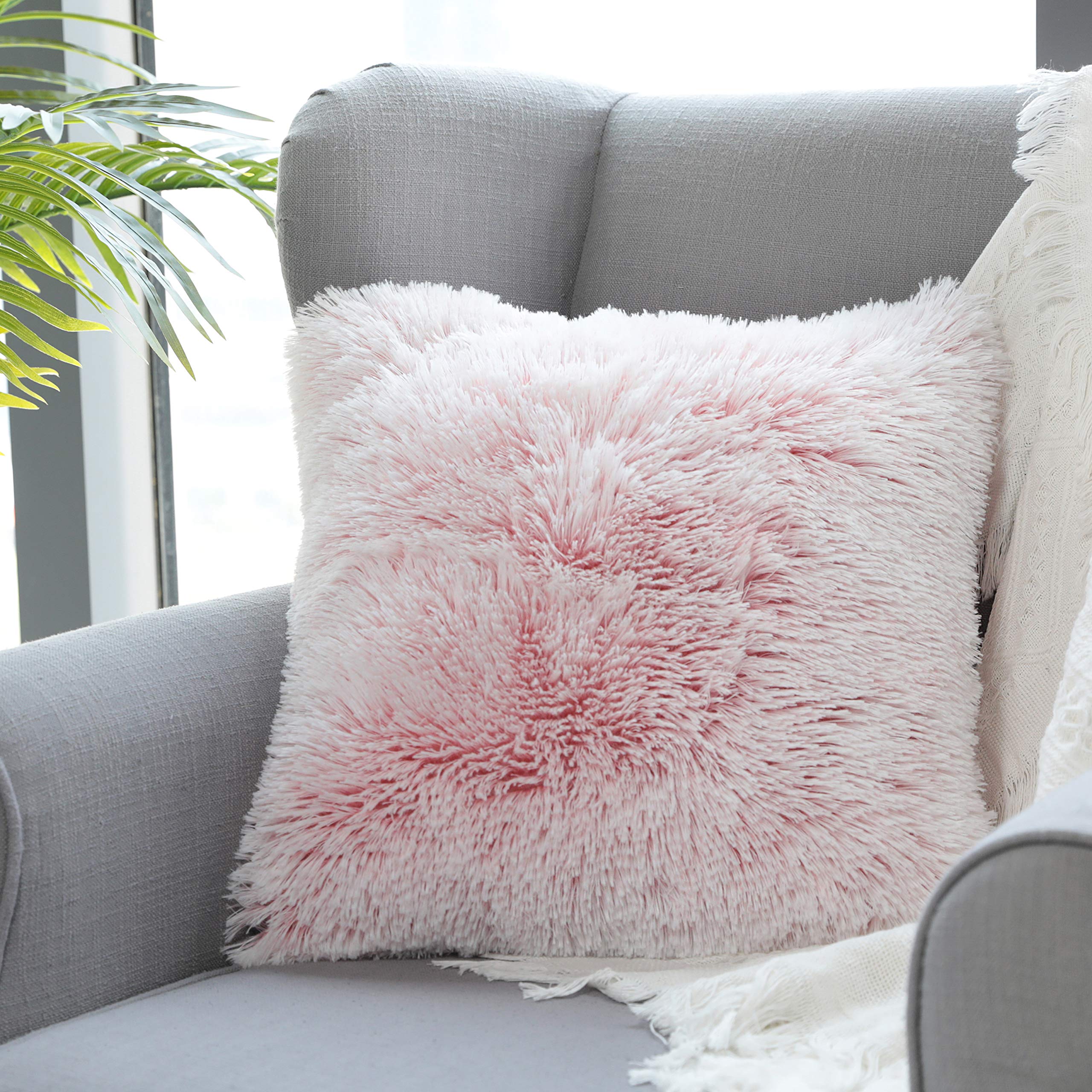 Uhomy 1 Pack Fall Winter Home Decorative Fluffy Plush Pillow Cover 22''X22'', Luxury Pink Ombre Super Soft Plush Faux Fur Throw