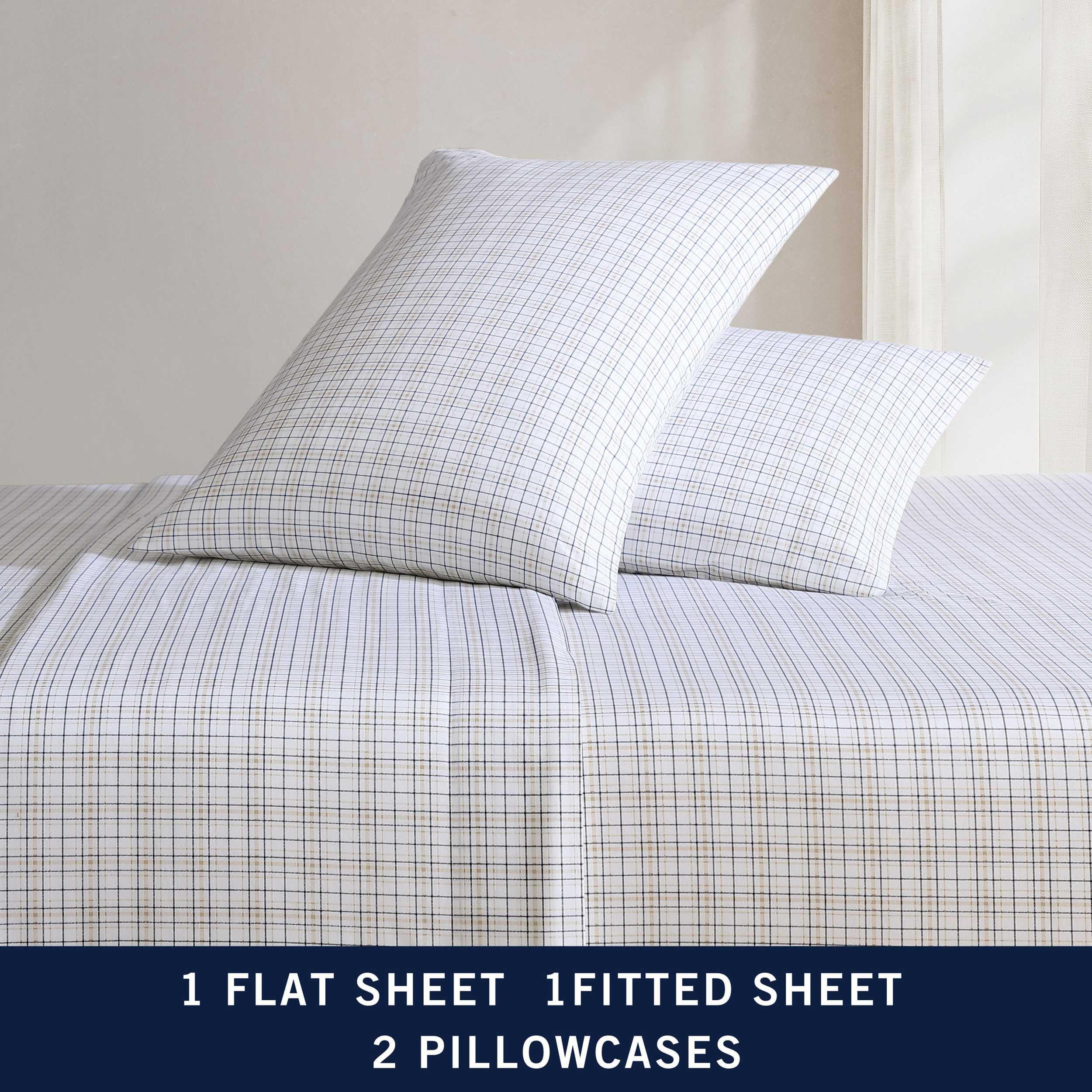 Nautica - Queen Sheets, Premium Cotton Percale Bedding Set, Plaid Bedding Set, Oeko-Tex Certified (Malor Plaid Blue, Queen)