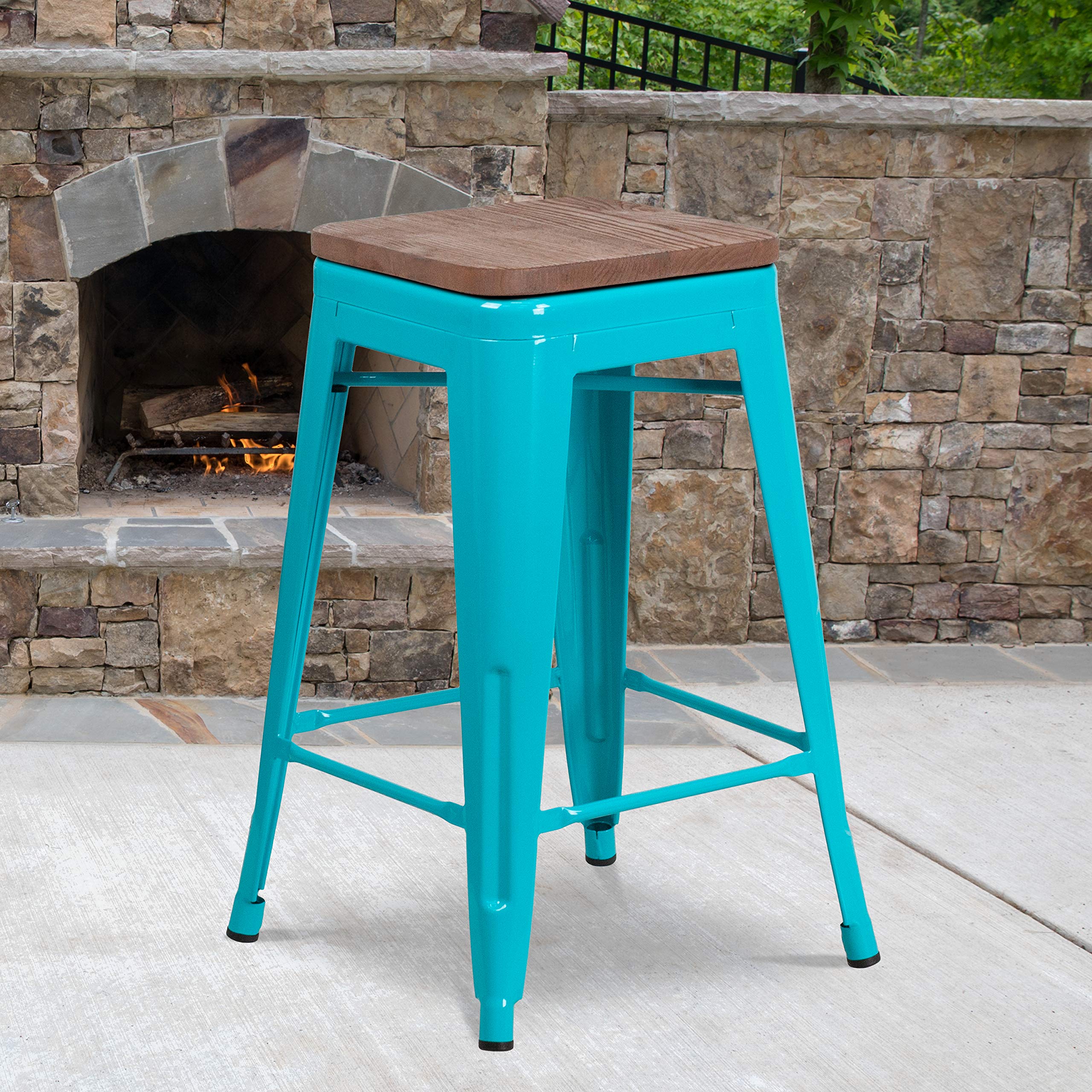 Flash Furniture Sinclair 24&quot; High Backless Crystal Teal-Blue Counter Height Stool With Square Wood Seat