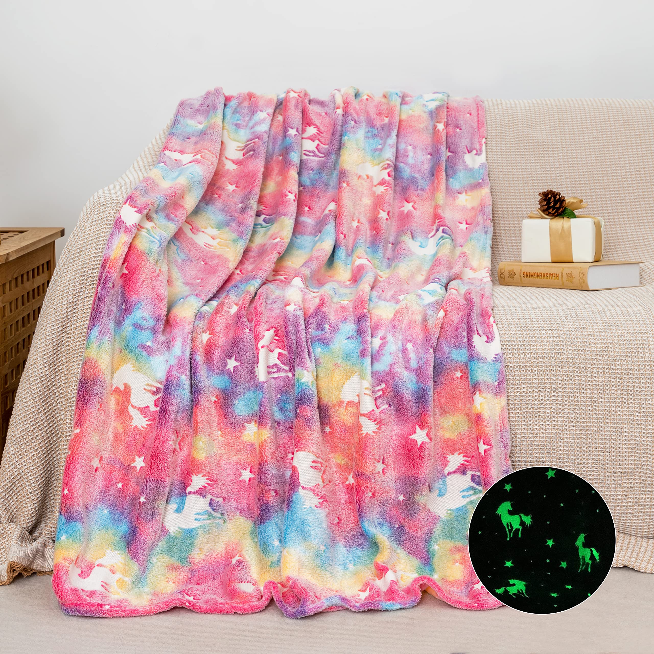GOSALISU Glow in The Dark Blanket Unicorns, 50 x60 inch Luminous Blanket for 3 4 5 6 7 8 9 10 Year Old Girl Boy Gifts, Flannel K
