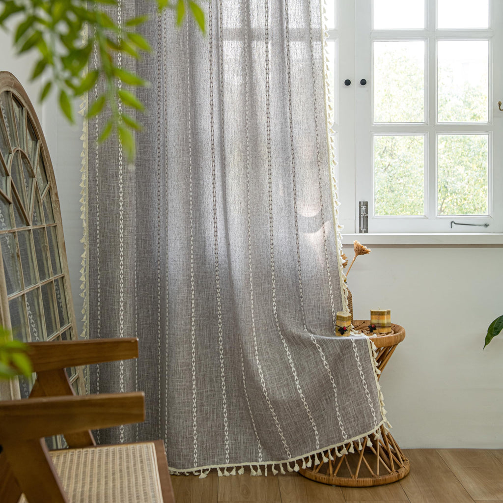 Sutuo Home Brown Boho Curtains 84 Inch For Bedroom, Semi Blackout Linen Farmhouse Shabby Chic Tassels Window Treatment Bohemian