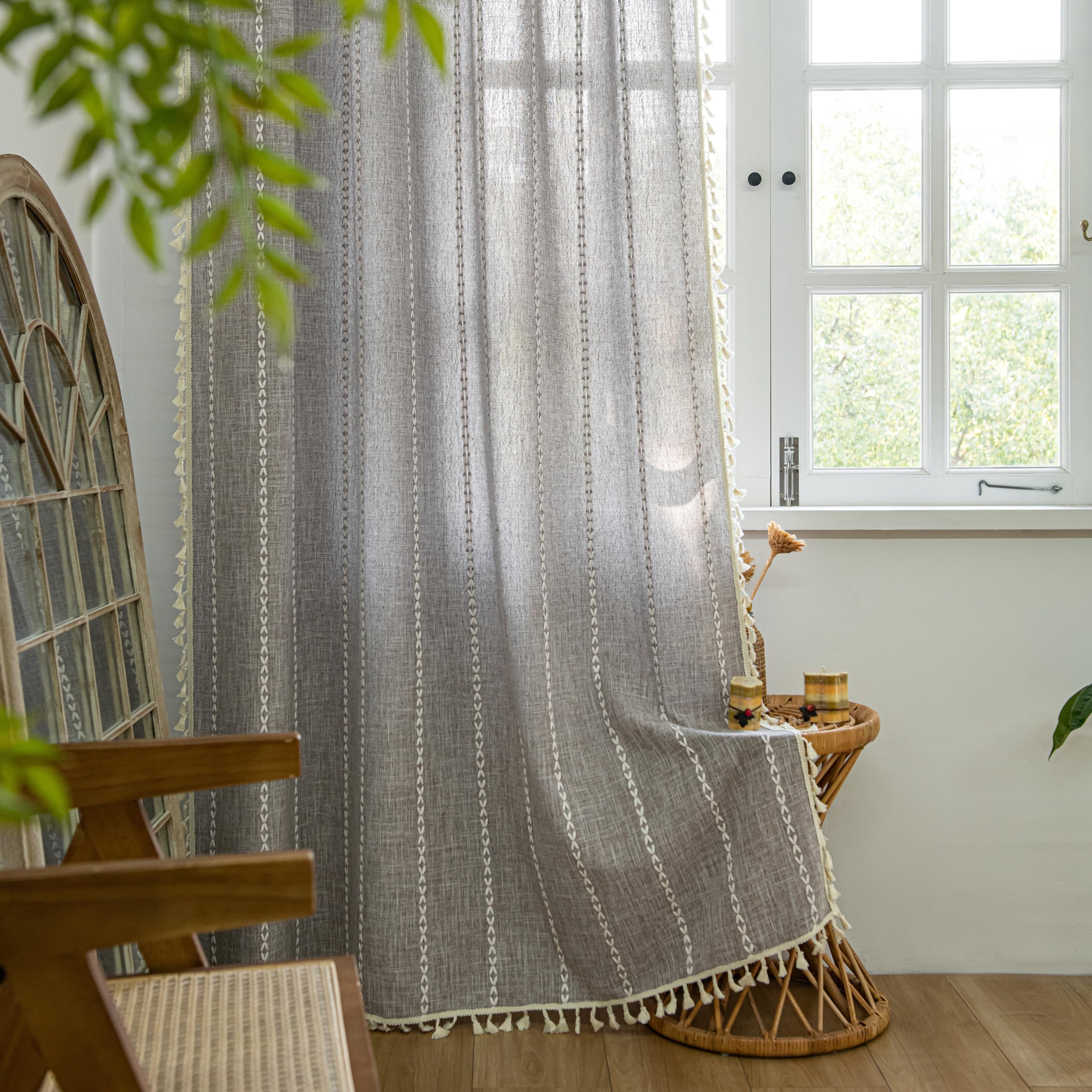 Sutuo Home Brown Boho Curtains 84 Inch For Bedroom, Semi Blackout Linen Farmhouse Shabby Chic Tassels Window Treatment Bohemian