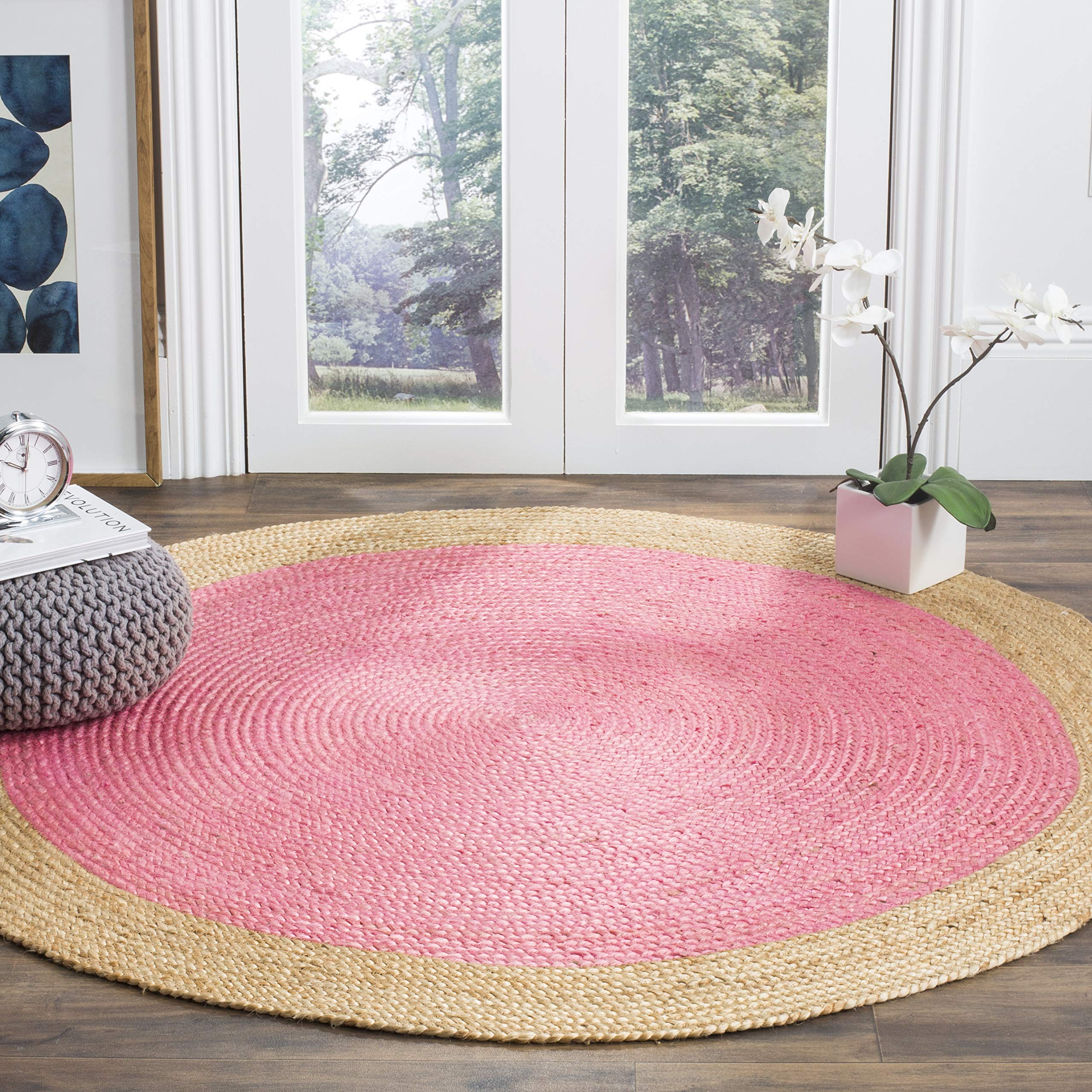 SAFAVIEH Natural Fiber Round Collection 3 Round Pink NF801P Handmade Boho Braided Jute Area Rug