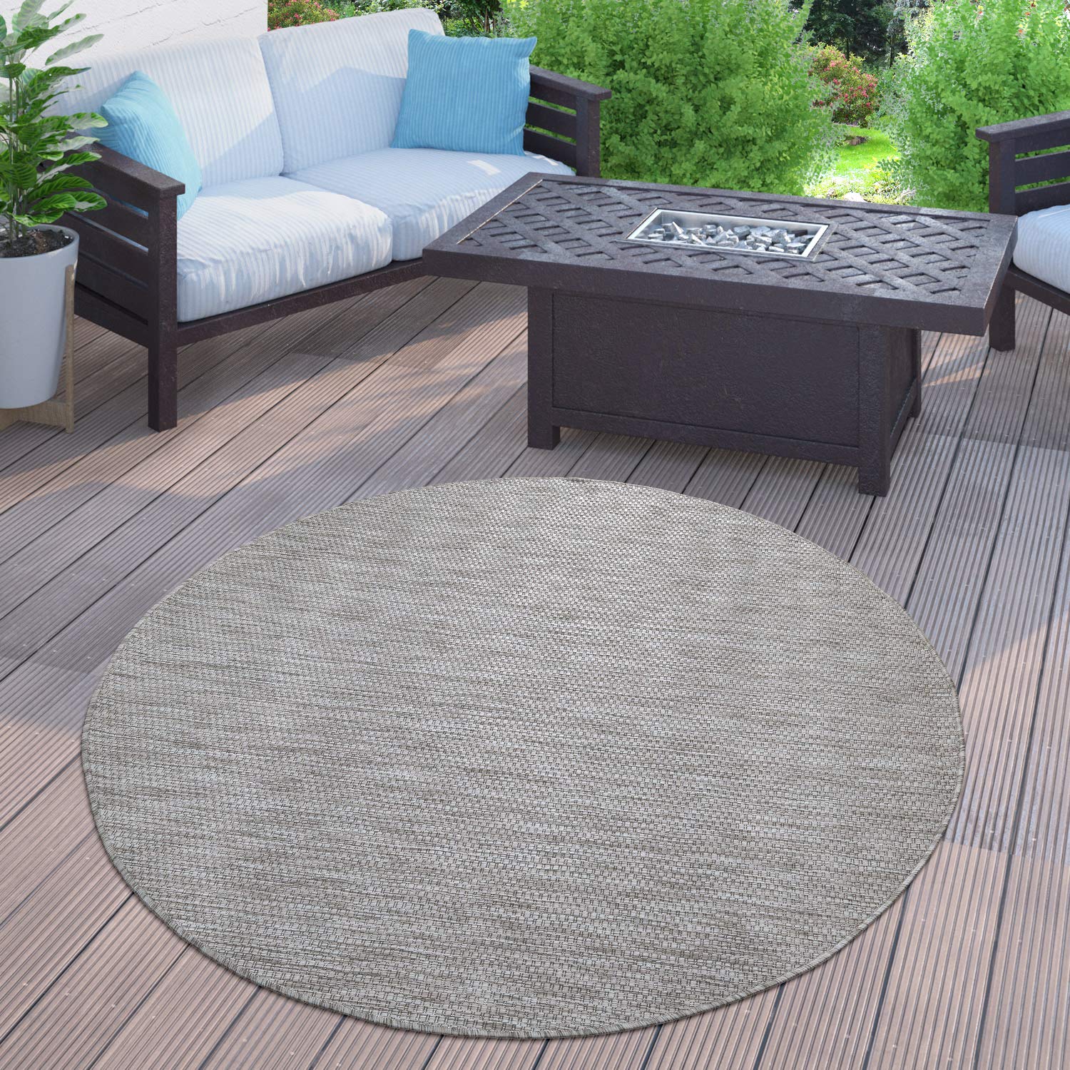 Solid Outdoor Rug For Patio Or Balcony Weatherproof In Mottled Grey, Size: 6'7' Round