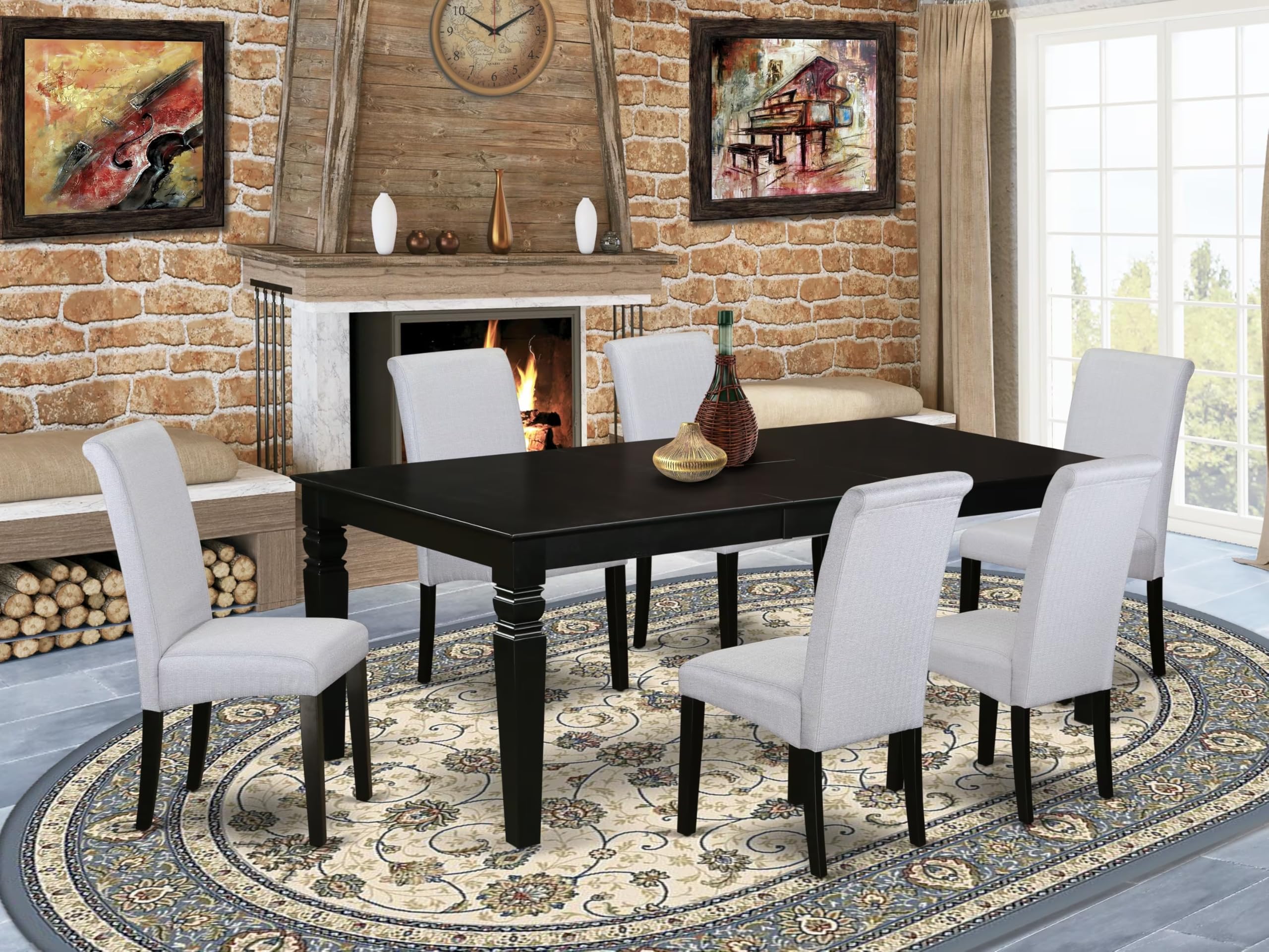 East West Furniture LGBA7-BLK-05 7 Piece Dining Room Table Set Consist of a Rectangle Kitchen Table with Butterfly Leaf and 6 Grey Linen Fabric Parson Dining Chairs, 42x84 Inch, Black