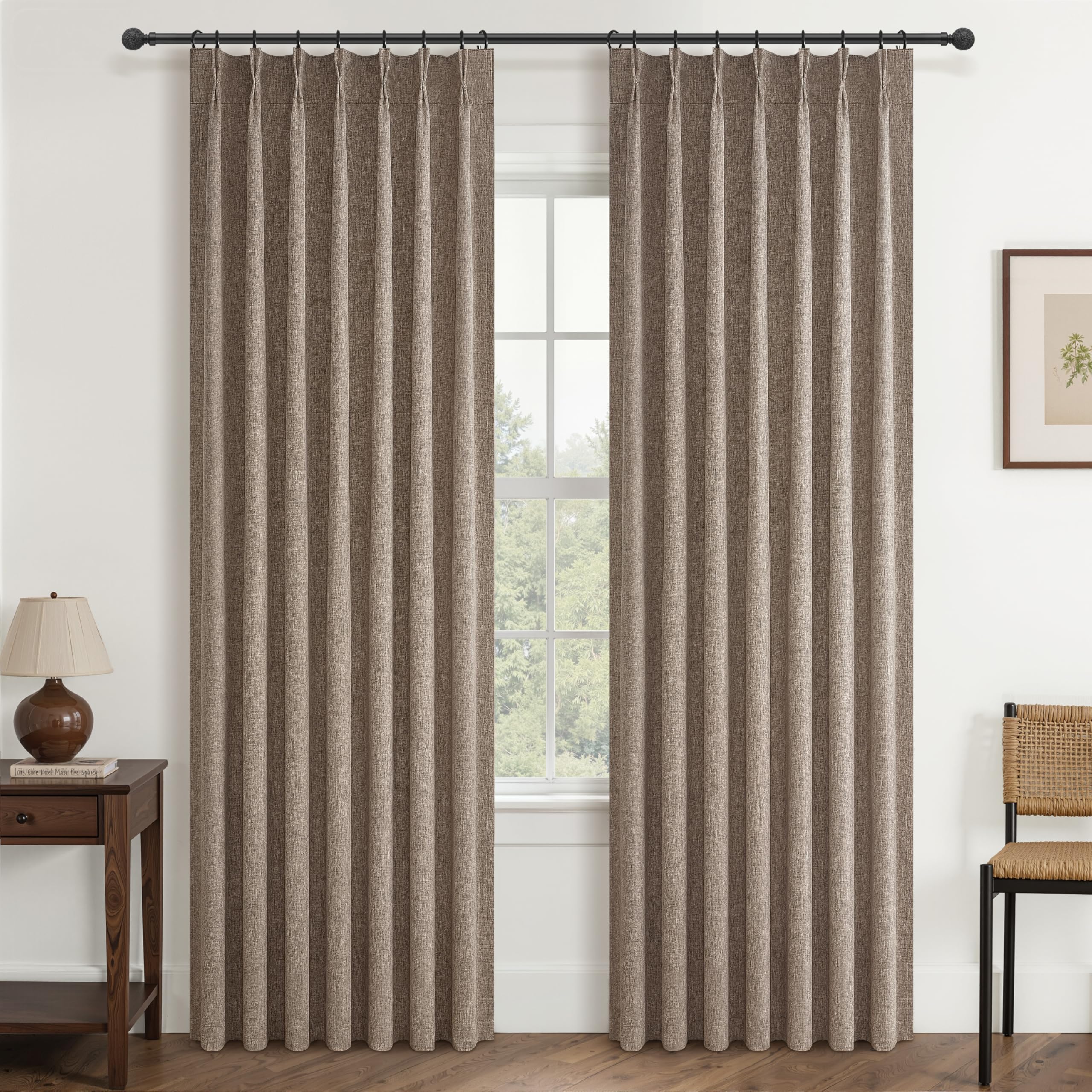 Dark Flax Living Room Curtains 84 Inches Long,Tan Pinch Pleated Linen Window Curtain Total Blackout Burlap Sunblock Thermal Drap