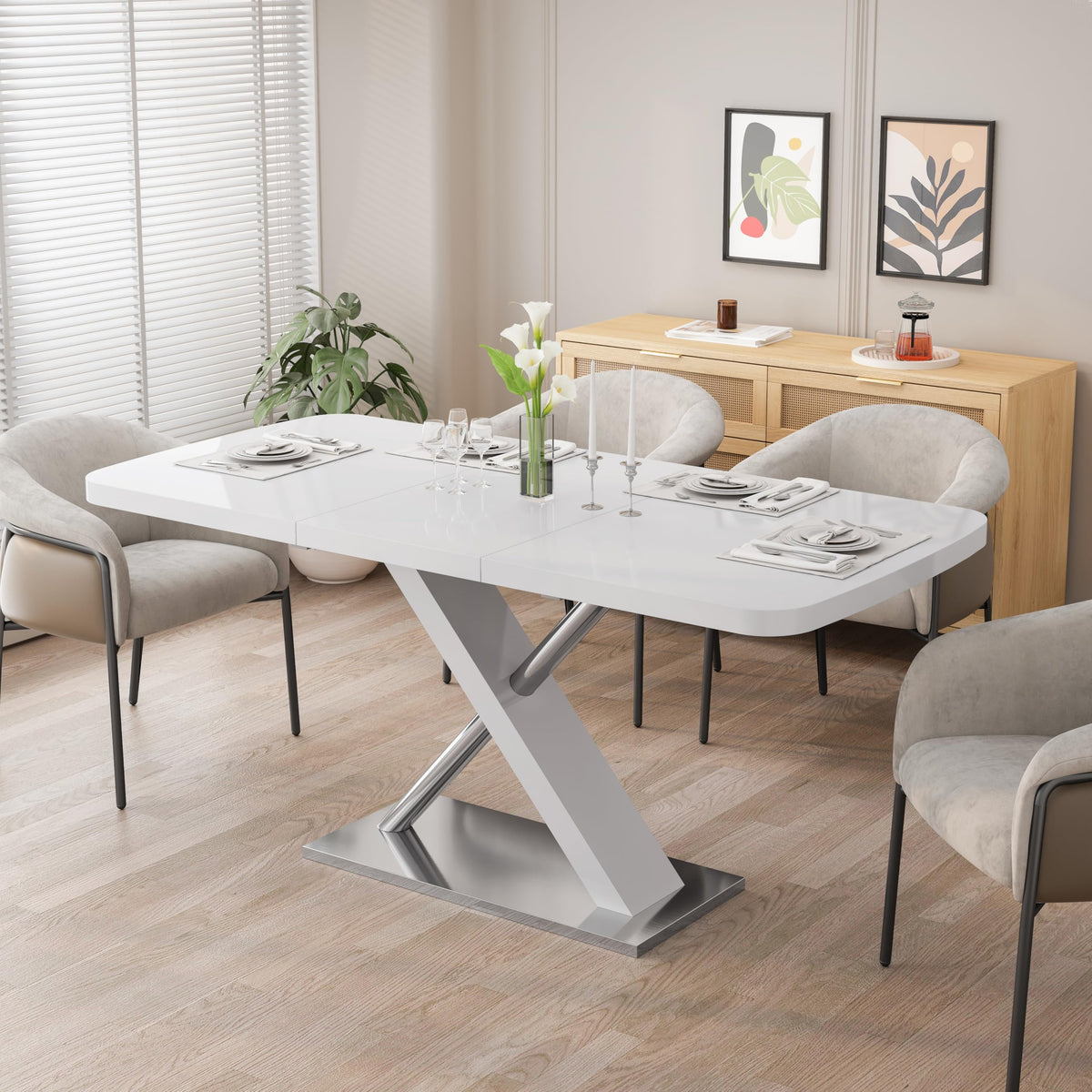 Lasadelgar Expandable White Dining Table For 4-6, Extendable 47-63 Inch Rectangle Dining Table With Mdf Table Top And X-Shape Ta