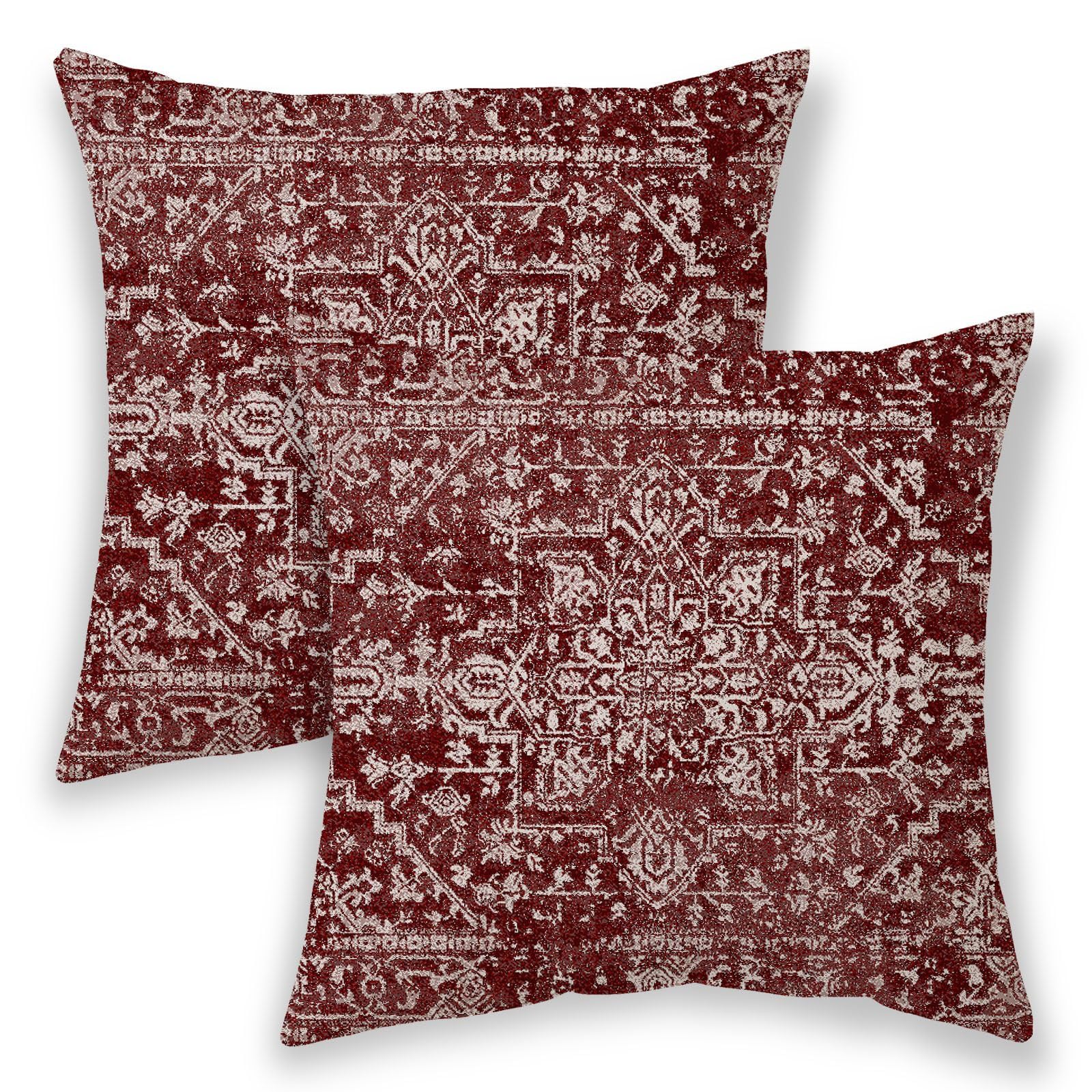 Boho Pillow Covers 18X18, Wine Red Burgundy Cream Ethnic Design Outdoor Decorative Throw Pillows For Couch, Carpet Pattern Decor