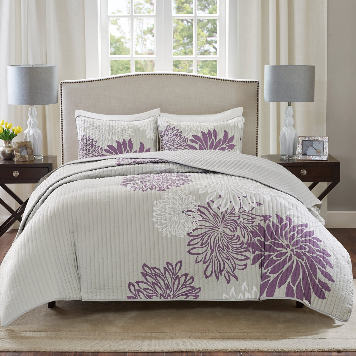 Comfort Spaces Cs14-0066 Enya 3 Piece Quilt Coverlet Bedspread Ultra Soft Floral Printed Pattern Bedding Set, King, Purple-Grey