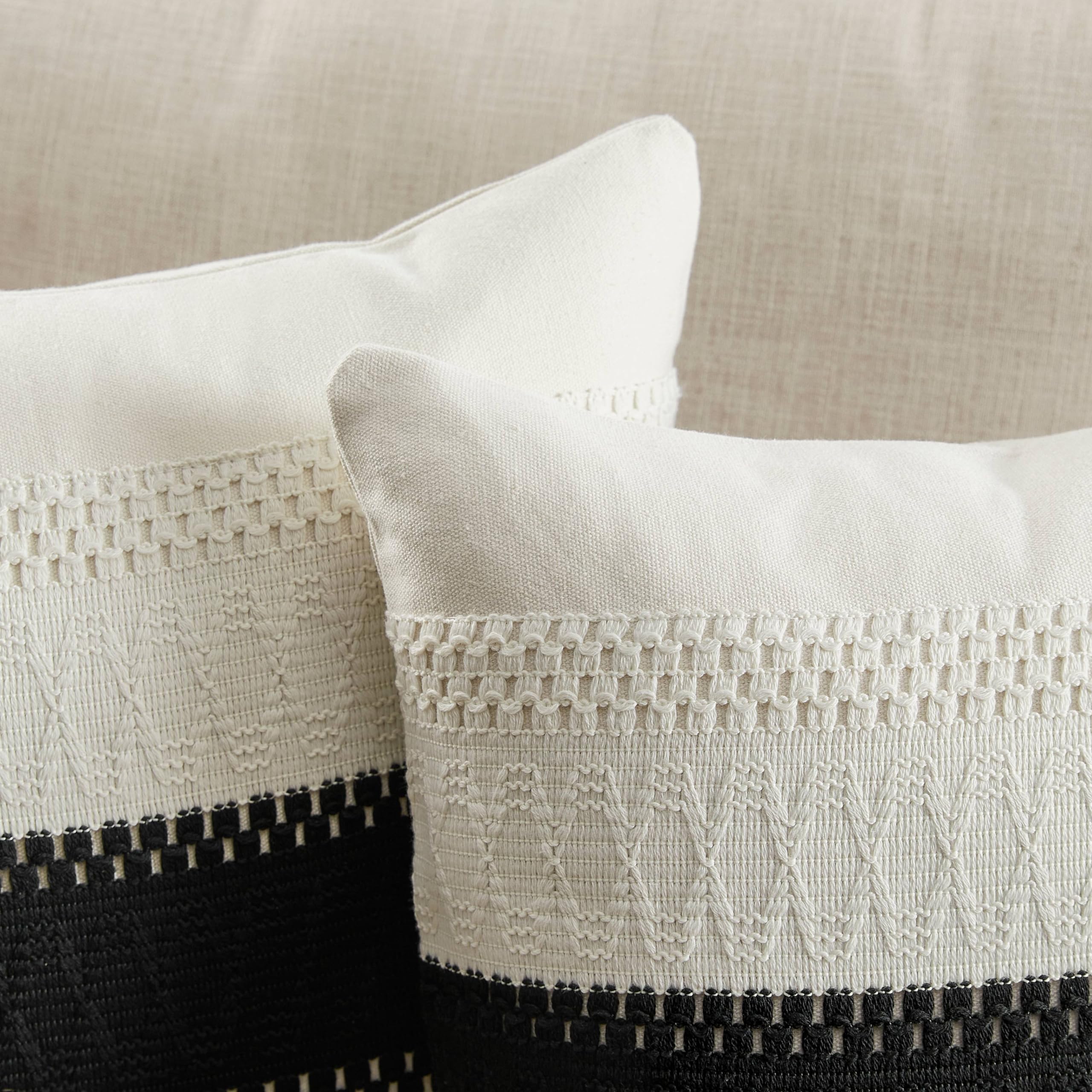 Zeemart 2 Packs Cotton Boho Throw Pillow Covers 16X16 Inch Contrast Black, Soft Farmhouse Decorative Couch Pillow Cases Black Cushion Covers For Sofa Bed Living Room Home Decor