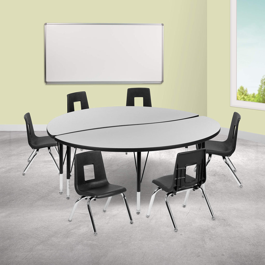 Flash Furniture 60" Circle Wave Collaborative Laminate Activity Table Set With 14" Student Stack Chairs, Grey/Black