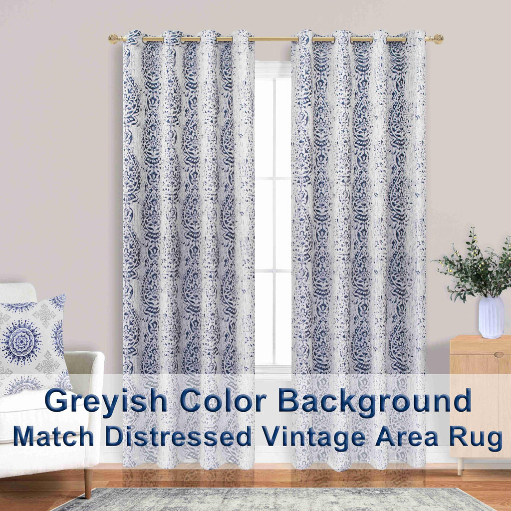 Mrs.Naturall Navy Blue Curtains 96 Inches Long 2 Panel Set For Sliding Glass Door,50% Blackout Boho Floral Patterned Print Black Out Curtains For Living Room