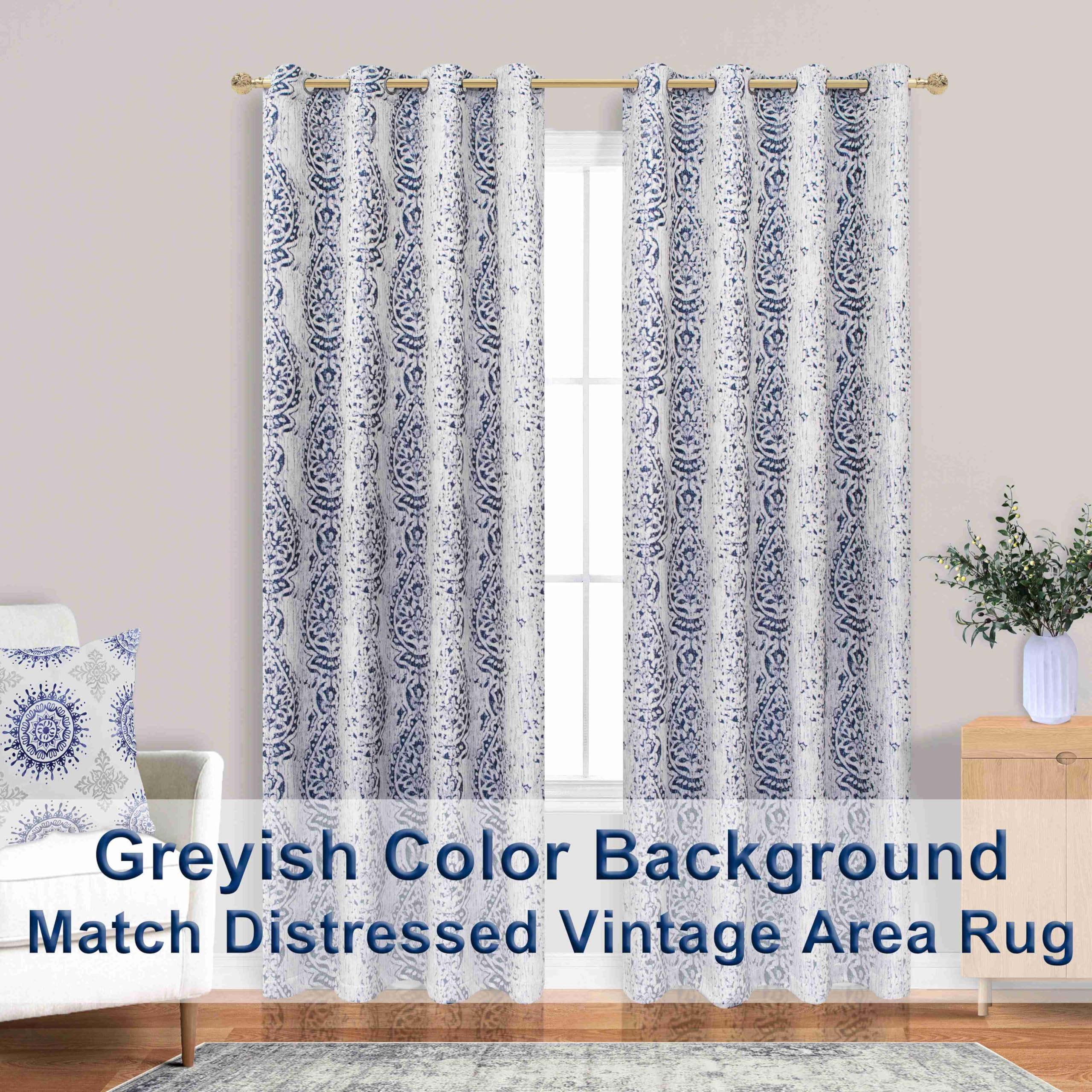 Mrs.Naturall Navy Blue Curtains 96 Inches Long 2 Panel Set For Sliding Glass Door,50% Blackout Boho Floral Patterned Print Black Out Curtains For Living Room