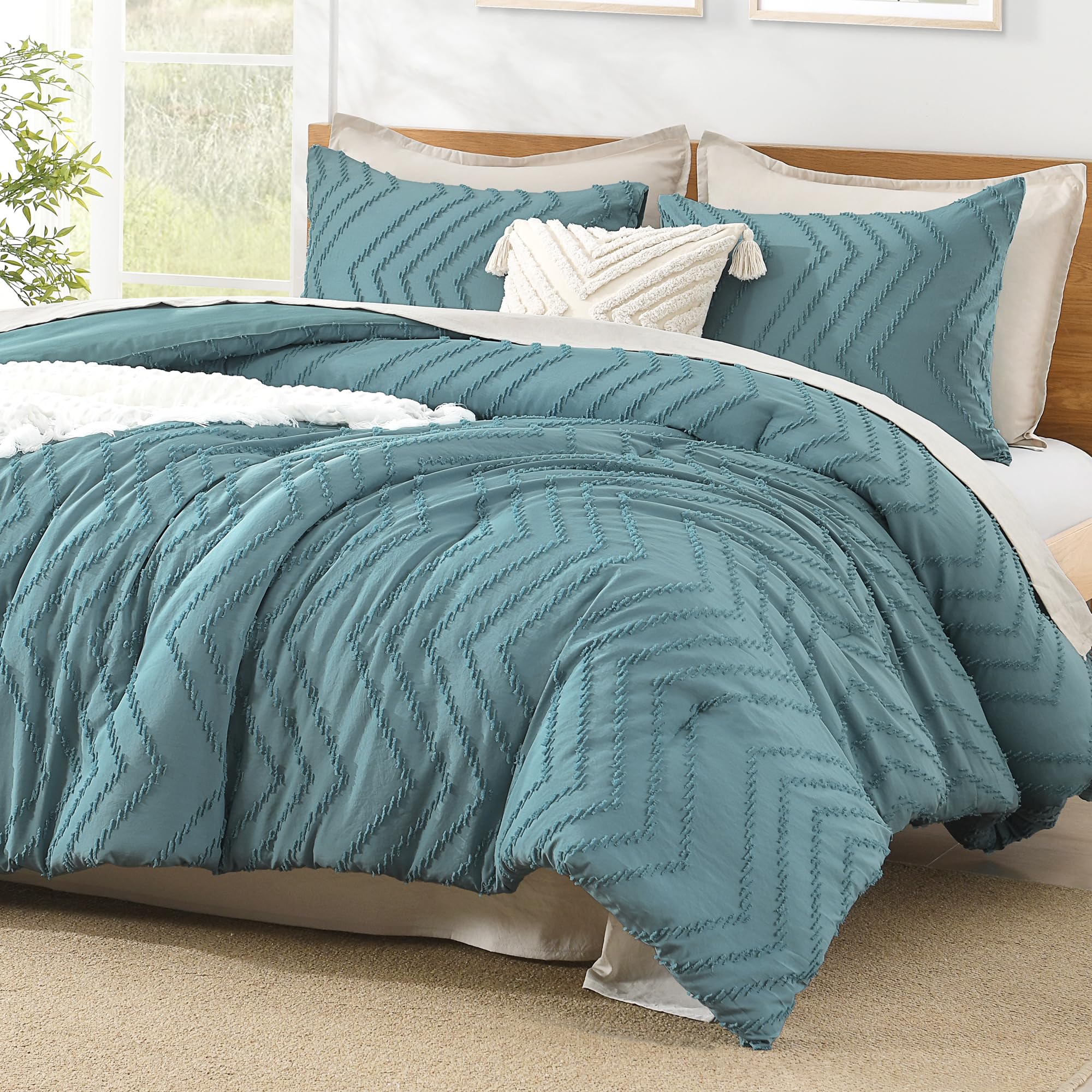 Litanika Grayish Teal California King Size Comforter Set, 3 Pieces Chevron Tufted Bedding Set & Collections, All Season Bed Set