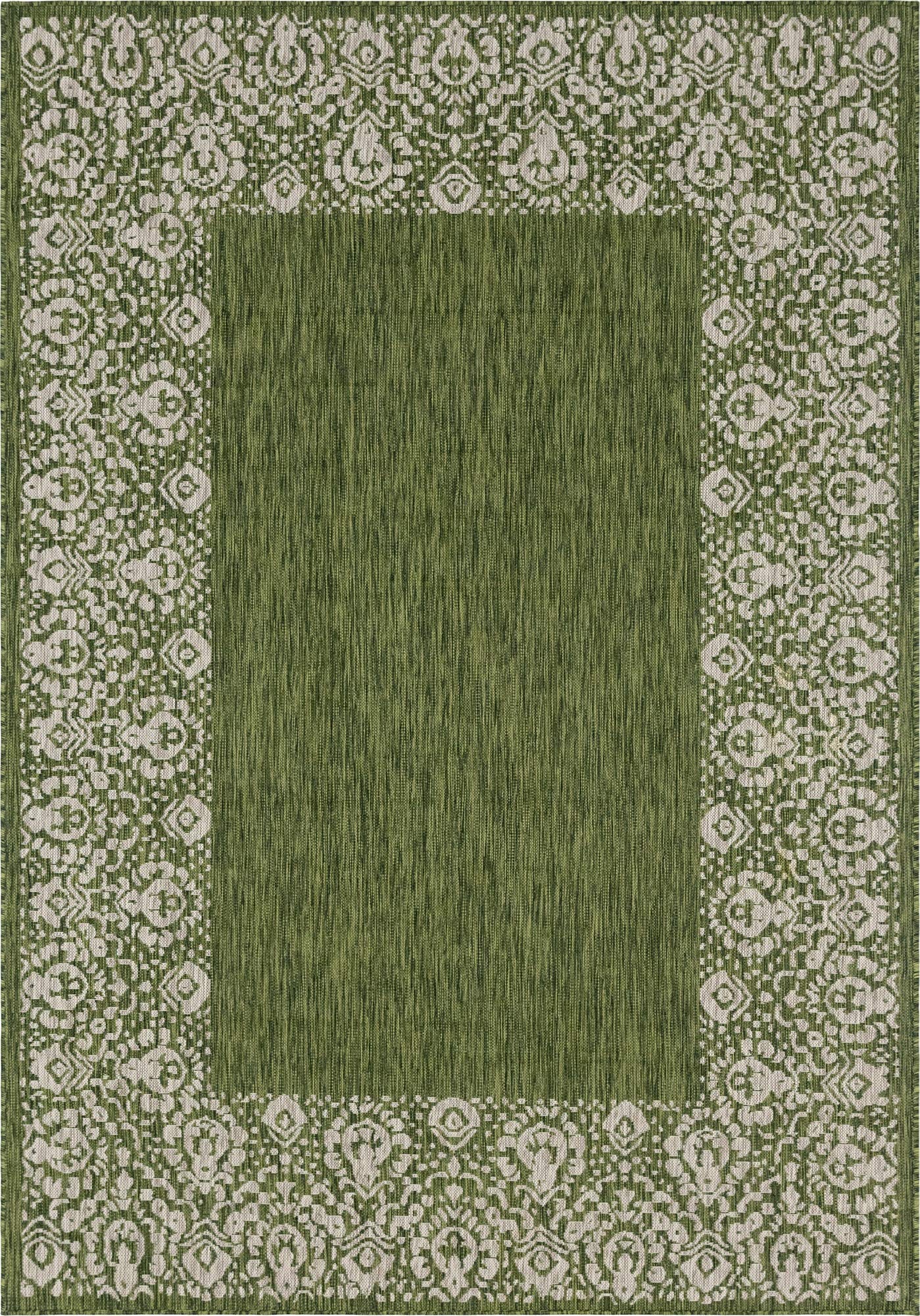 Unique Loom Outdoor Border Collection Area Rug - Floral Border (7' 1' X 10' Rectangle, Green/ Ivory)