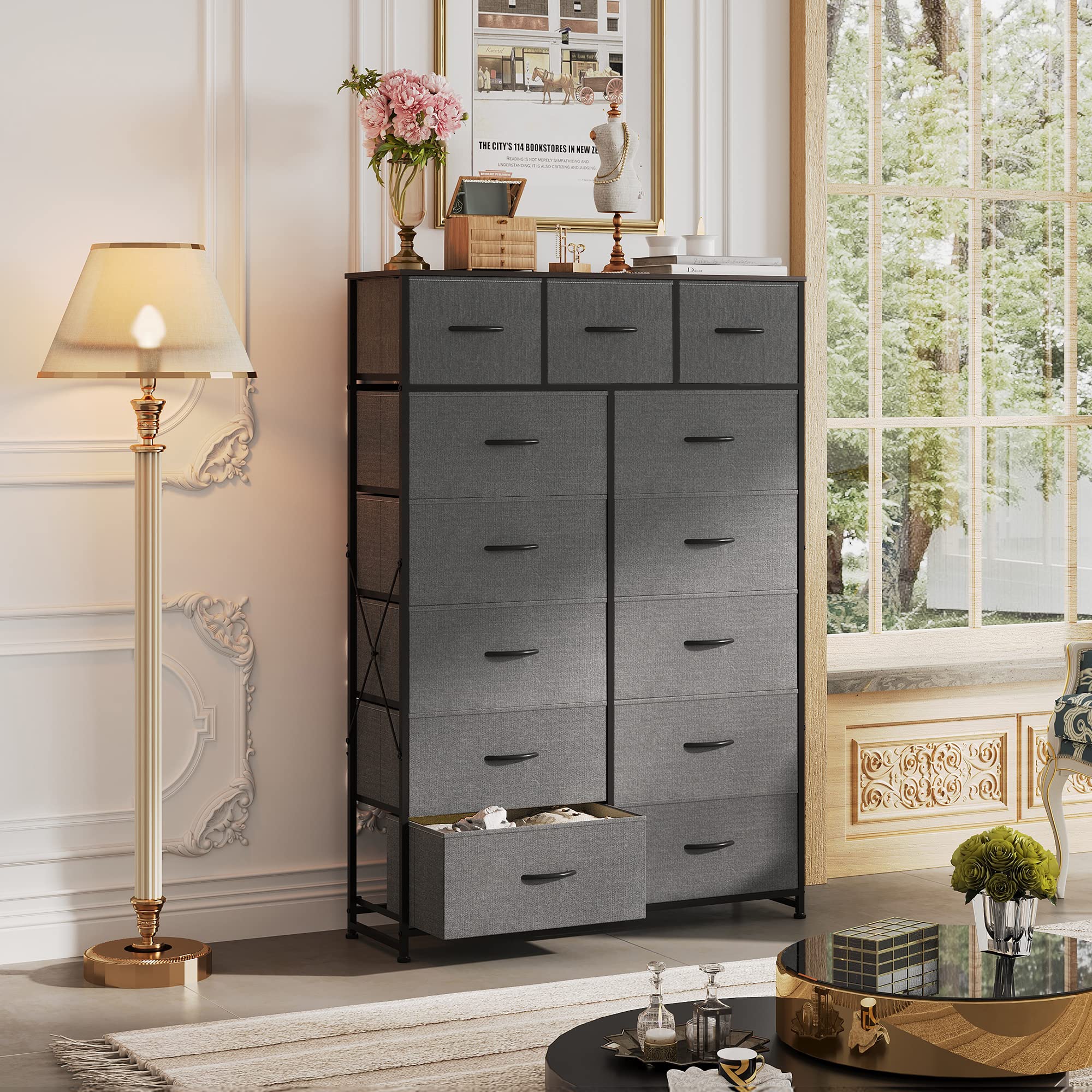 Wlive Tall Dresser For Bedroom With 13 Drawers, Storage Dresser Organizer Unit, Fabric Dresser For Bedroom, Closet, Chest Of Drawers With Fabric Bins, Steel Frame, Wood Top, Dark Grey