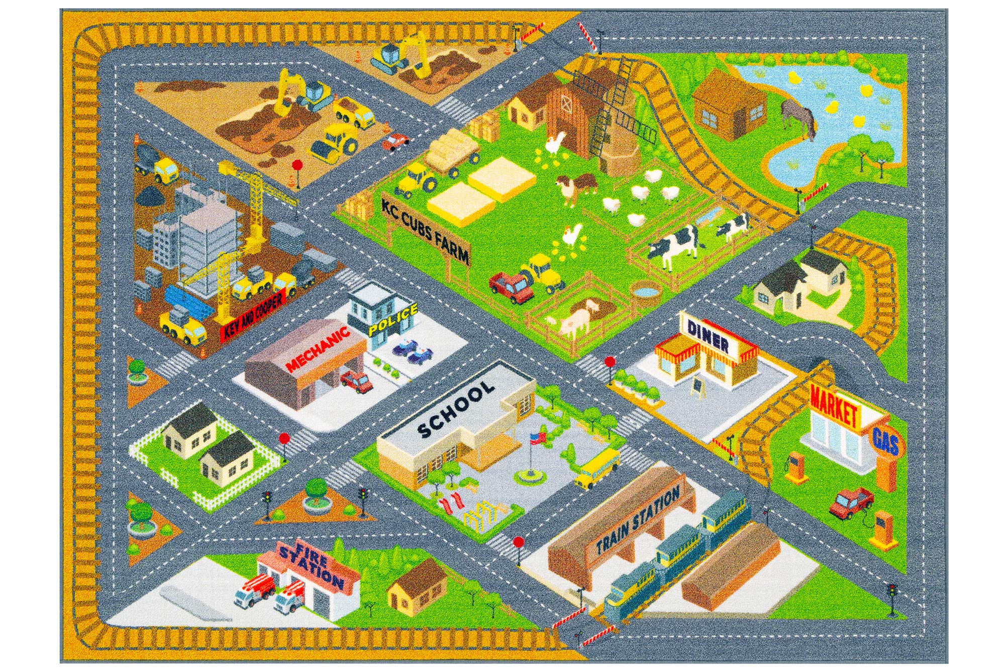 Kev & Cooper Playtime Collection Country Farm Road Map With Construction Site Educational Learning Area Rug Carpet For Kids And