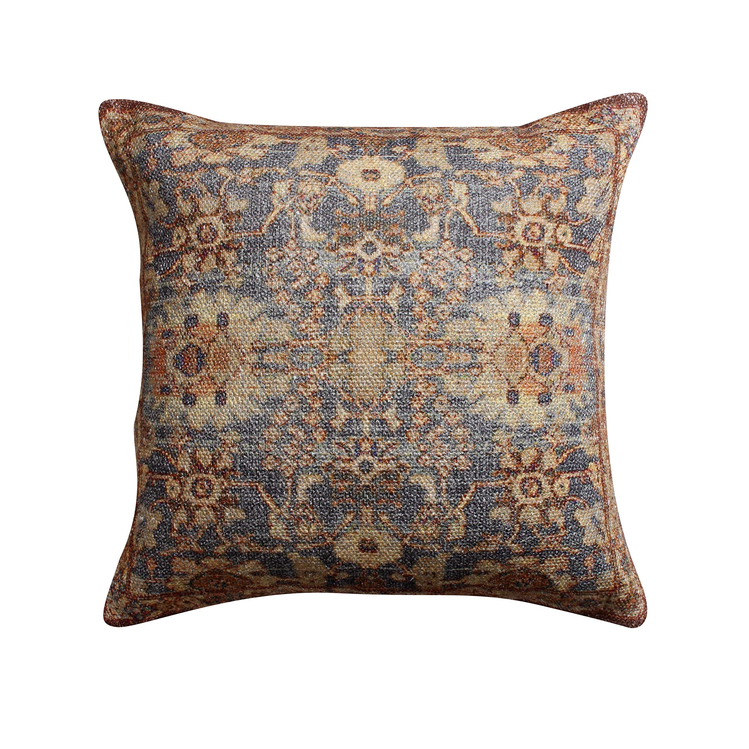 Benjara Gib 18 x 18 Handcrafted Square Cotton Accent Throw Pillow, Ornate Vintage Floral Pattern, Blue and Brown