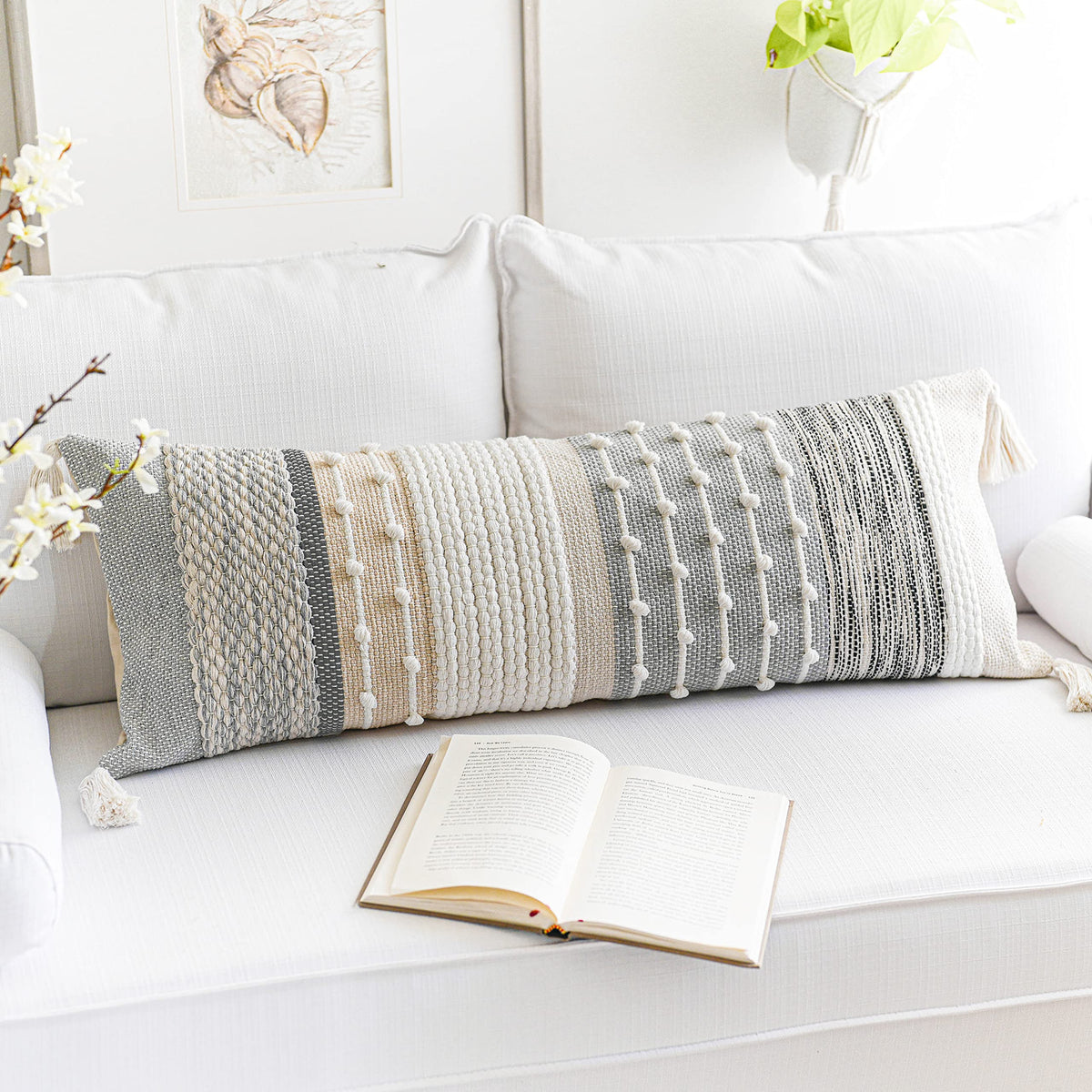 Blissblush Gray Boho Lumbar Throw Pillow Cover 14X36 Grey Accent Long Body Lumbar Pillow For Bed Decorative Modern Bohemian Wove