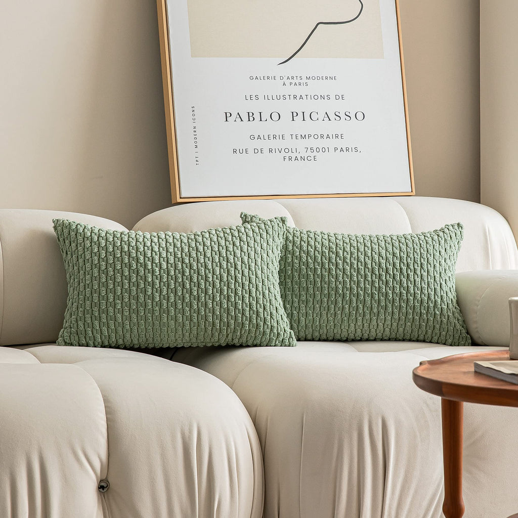 Kevin Textile 2 Packs Lumbar Decorative Throw Pillow Covers 12X20 Inch For Living Room Couch Bed Sofa, Soft Striped Corduroy Rectangle Cushion Case 30X50 Cm, Farmhouse Boho Home Decor, Sage Green