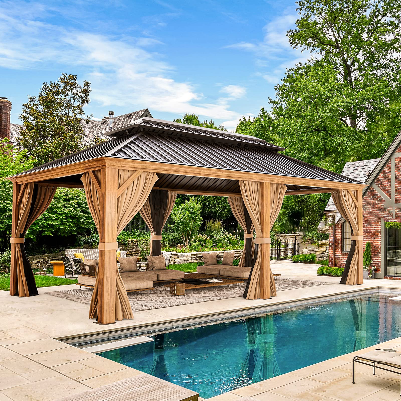 Yoleny 12' X 20' Gazebo, Hardtop Gazebo Wood-Looking Gazebo With Galvanized Steel Double Roof, Aluminum Frame, Outdoor Patio Har