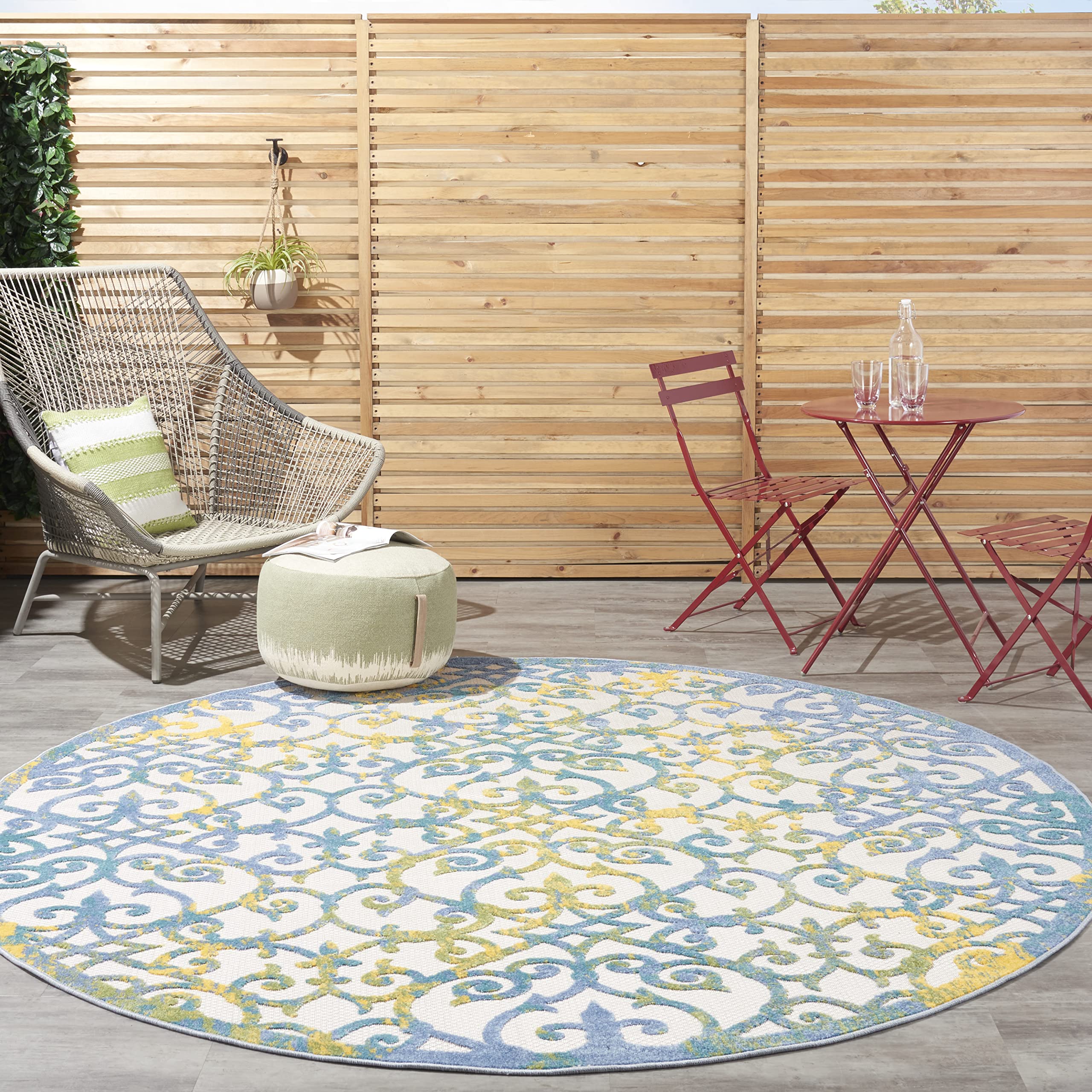 Nourison Aloha Indoor/Outdoor Ivory Blue 7'10' X Round Area Rug, Transitional, French Country, Easy Cleaning, Non Shedding, Bed