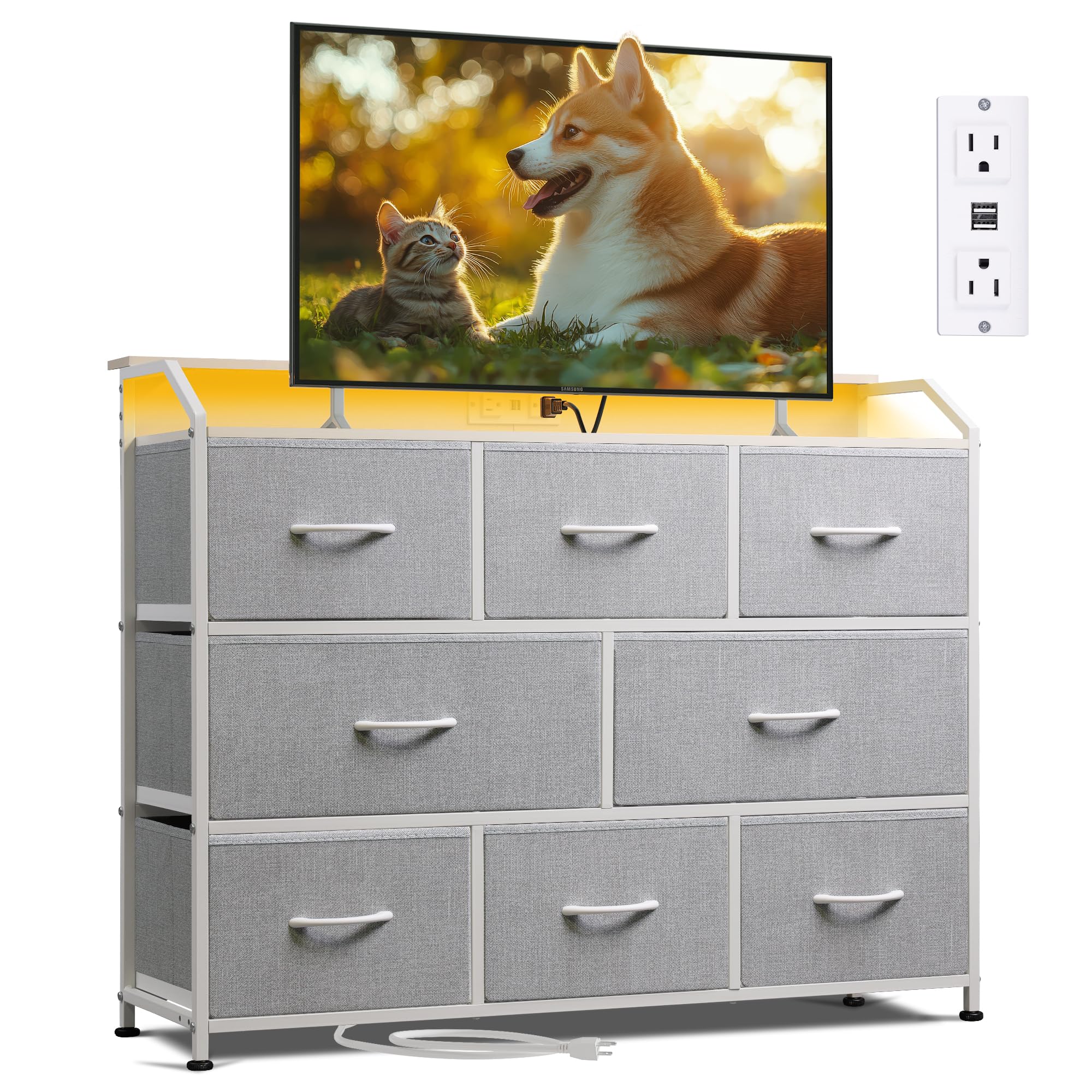 WLIVE Dresser TV Stand with Power Outlets, Led Dresser for Bedroom, Fabric Chest of Drawers with Open Shelves, Wood Top, Steel F