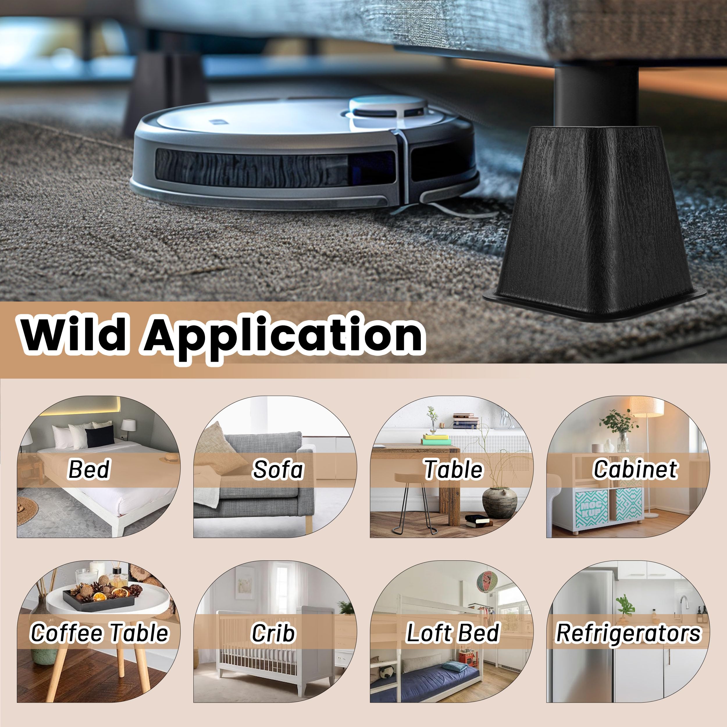 Btsd-Home Bed Risers 6 Inch Furniture Risers For College Dorm Bed Sofa Table Couch Chair Bed Raisers Blocks 4 Pack Black