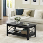 Yitahome Coffee Table For Living Room, Modern Farmhouse Coffee Table With Storage, 2-Tier Center Table For Living Room Wood Living Room Table Accent Cocktail With Sturdy Frame, Black