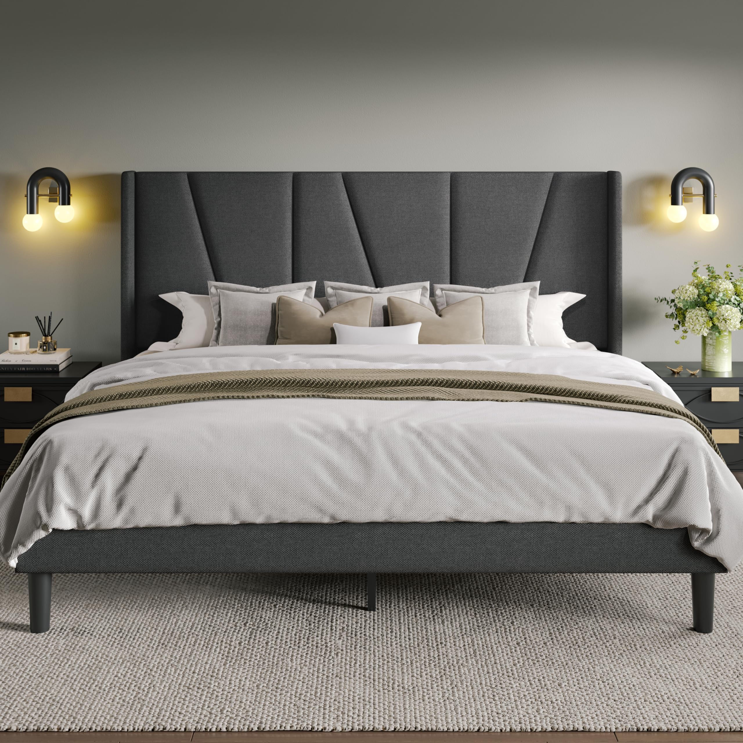 Allewie Full Size Platform Bed Frame with Geometric Wingback Headboard, Modern Upholstered Bed with Wooden Slats Support, No Box