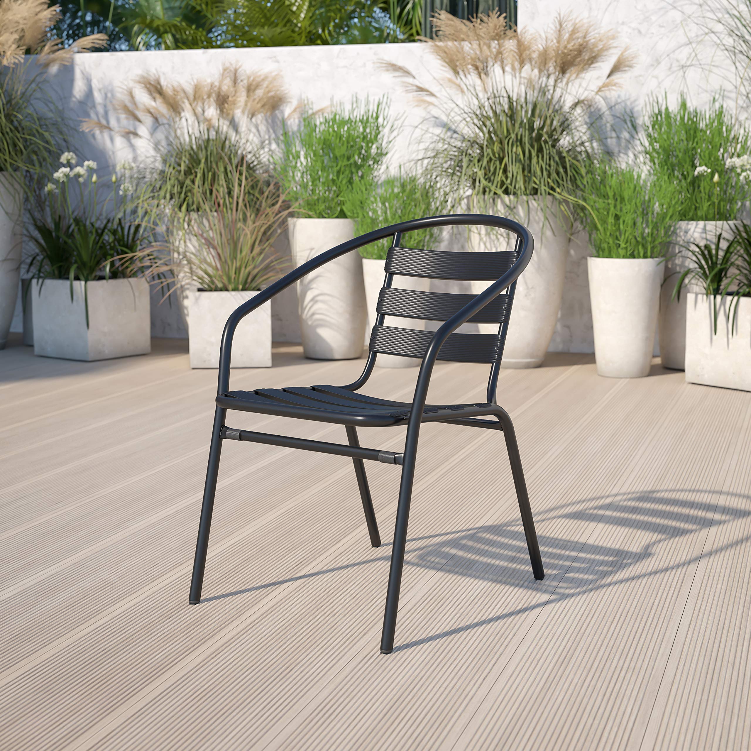 Flash Furniture Lila Black Metal Restaurant Stack Chair with Aluminum Slats