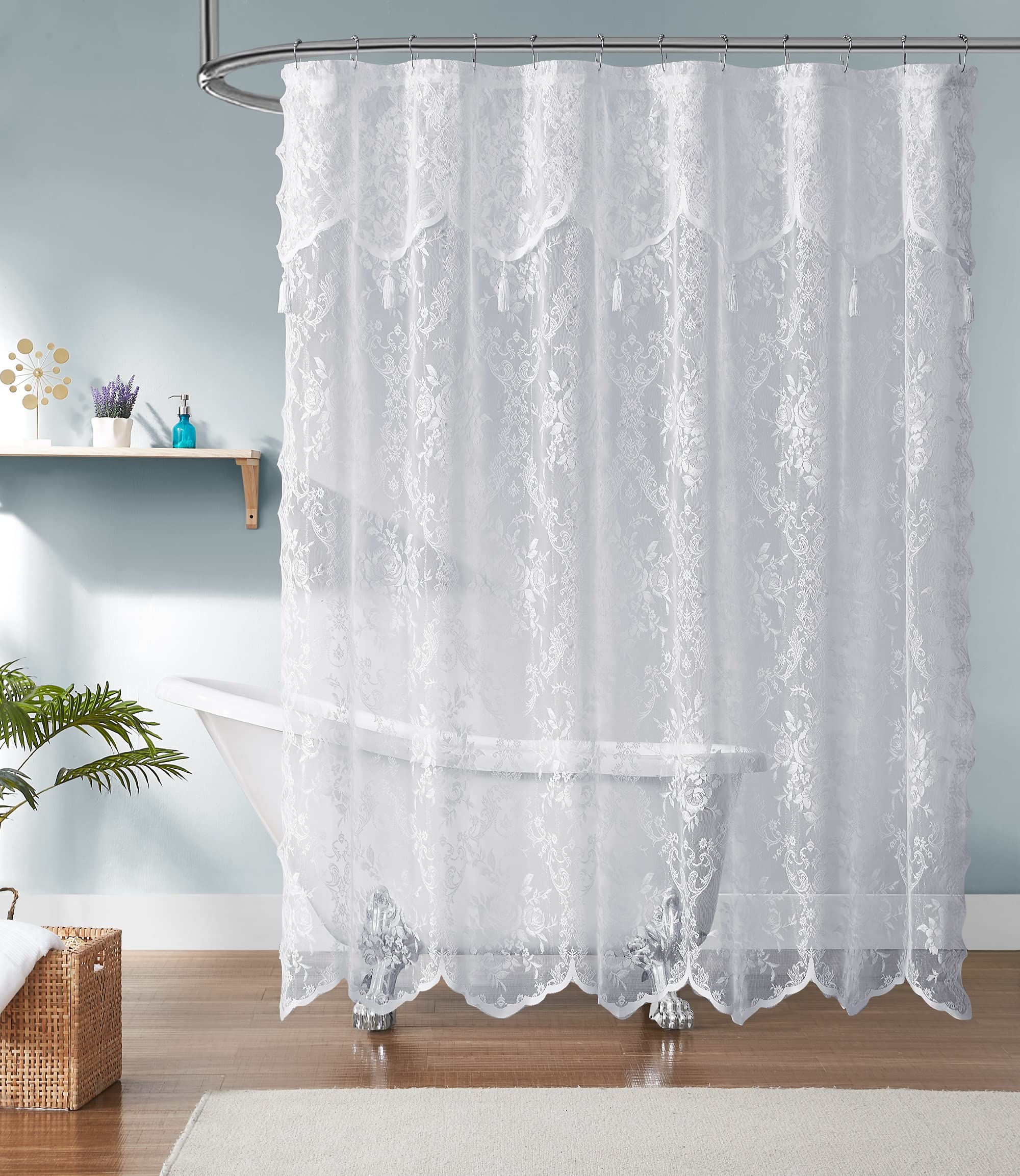 Warm Home Designs White Lace Shower Curtain 72 X 72 Inches With Attached Valance & 7 Tassels. Luxury Farmhouse Shower Curtains F