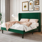 Sha Cerlin Queen Size Velvet Bed Frame With Vertical Channel Tufted Wingback Headboard, Upholstered Platform Bed With Wood Slats, No Box Spring Needed, Easy Assembly, Green