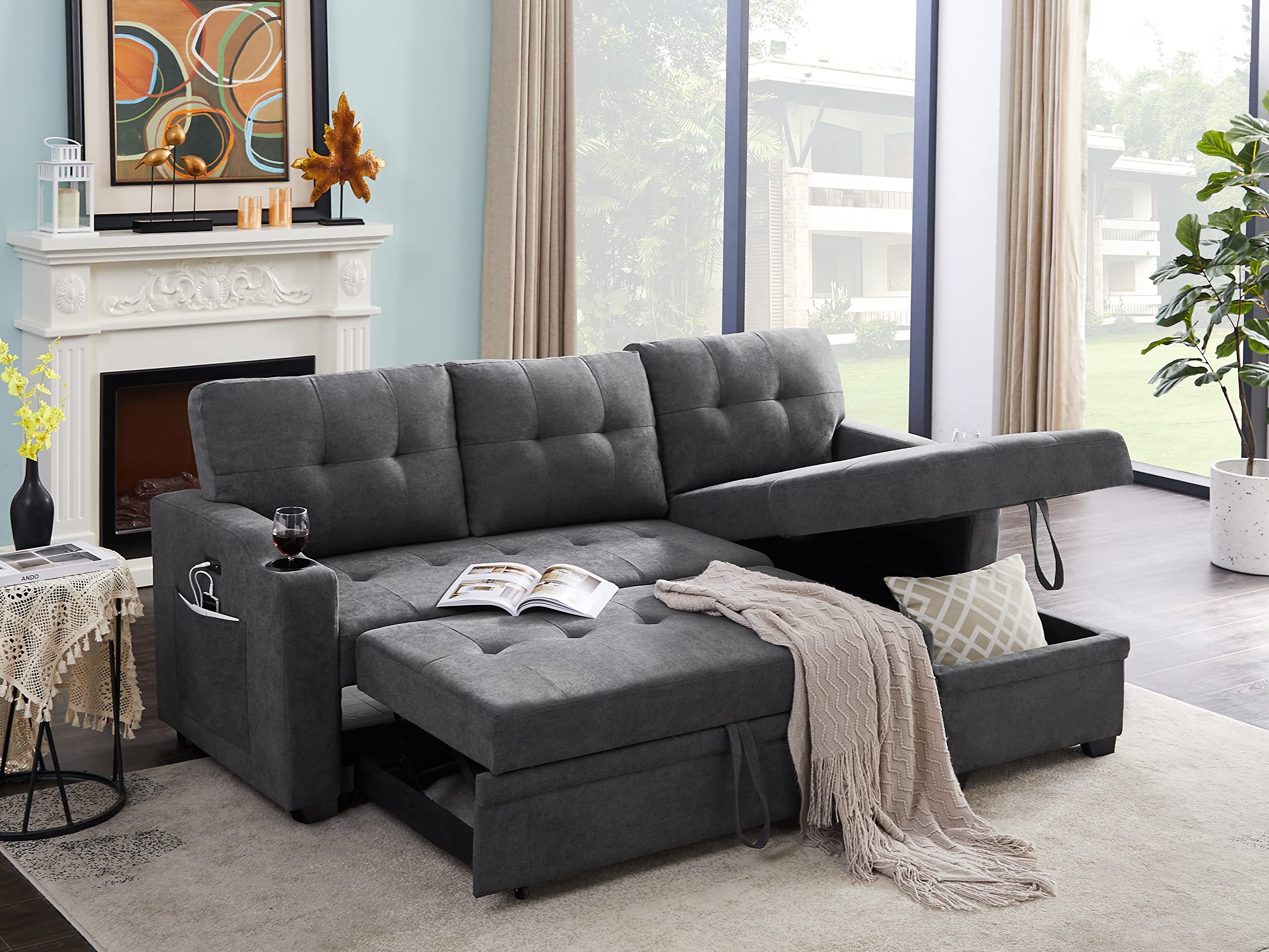 Lilola Home Mabel Dark Gray Woven Fabric Sleeper Sectional with cupholder, USB Charging Port and Pocket