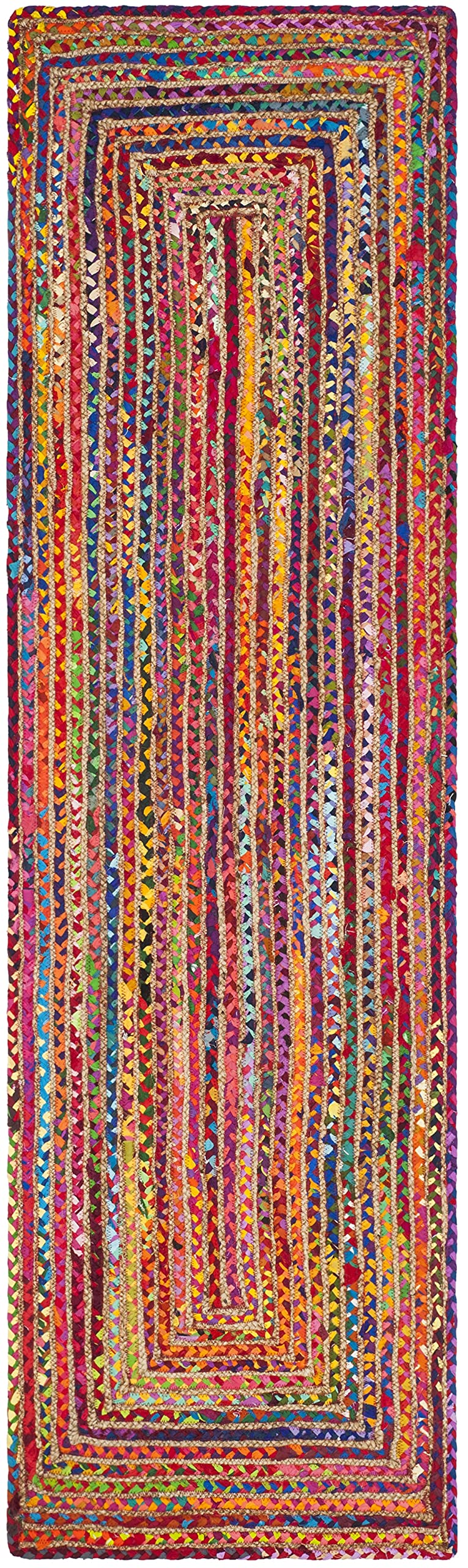 SAFAVIEH Cape Cod Collection Runner Rug - 23 x 22, Red & Multi, Handmade Boho Braided Jute & Cotton, Ideal for High Traffic Ar