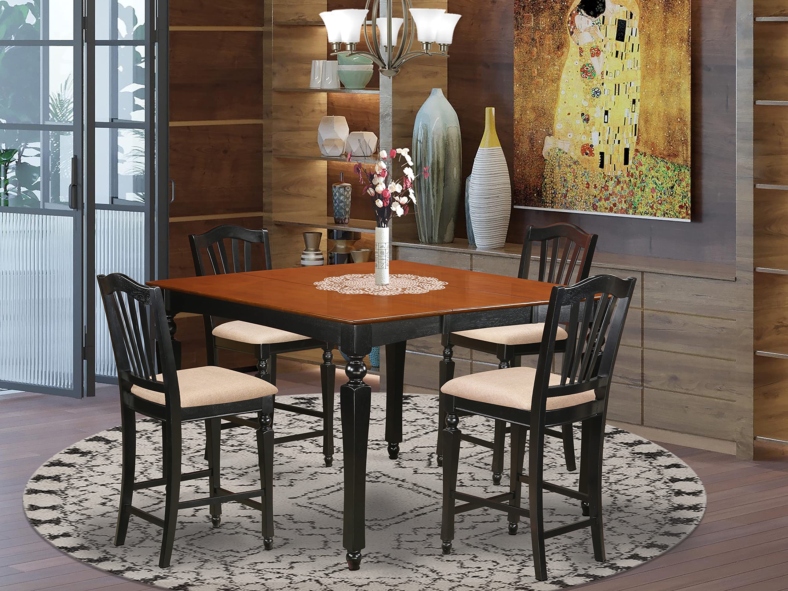 East West Furniture CHEL5-BLK-C Chelsea 5 Piece Kitchen Counter Set Includes a Square Room Table with Butterfly Leaf and 4 Linen Fabric Upholstered Dining Chairs, 54x54 Inch